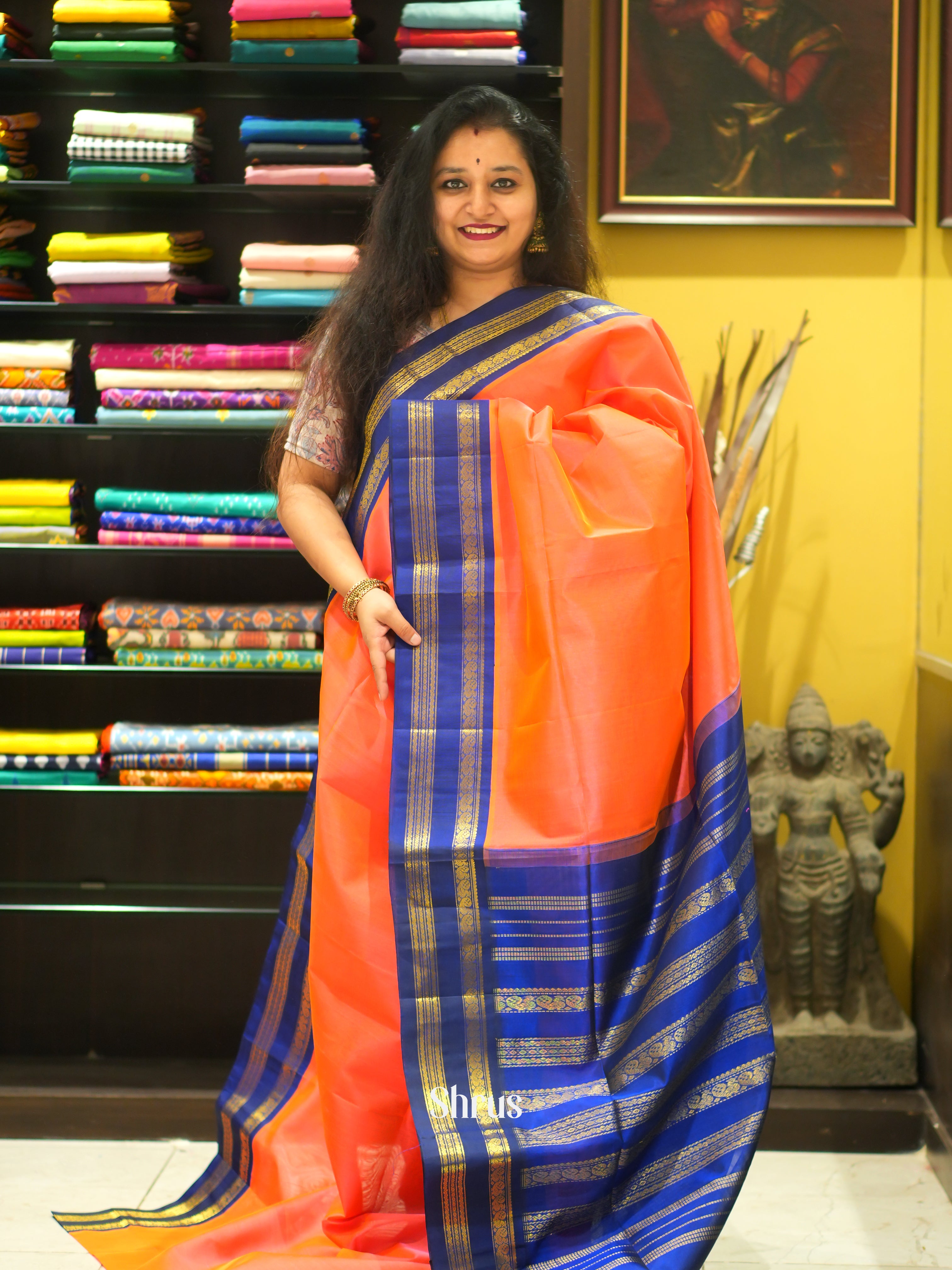 Orange & Blue - Silk Cotton Saree - Shop on ShrusEternity.com