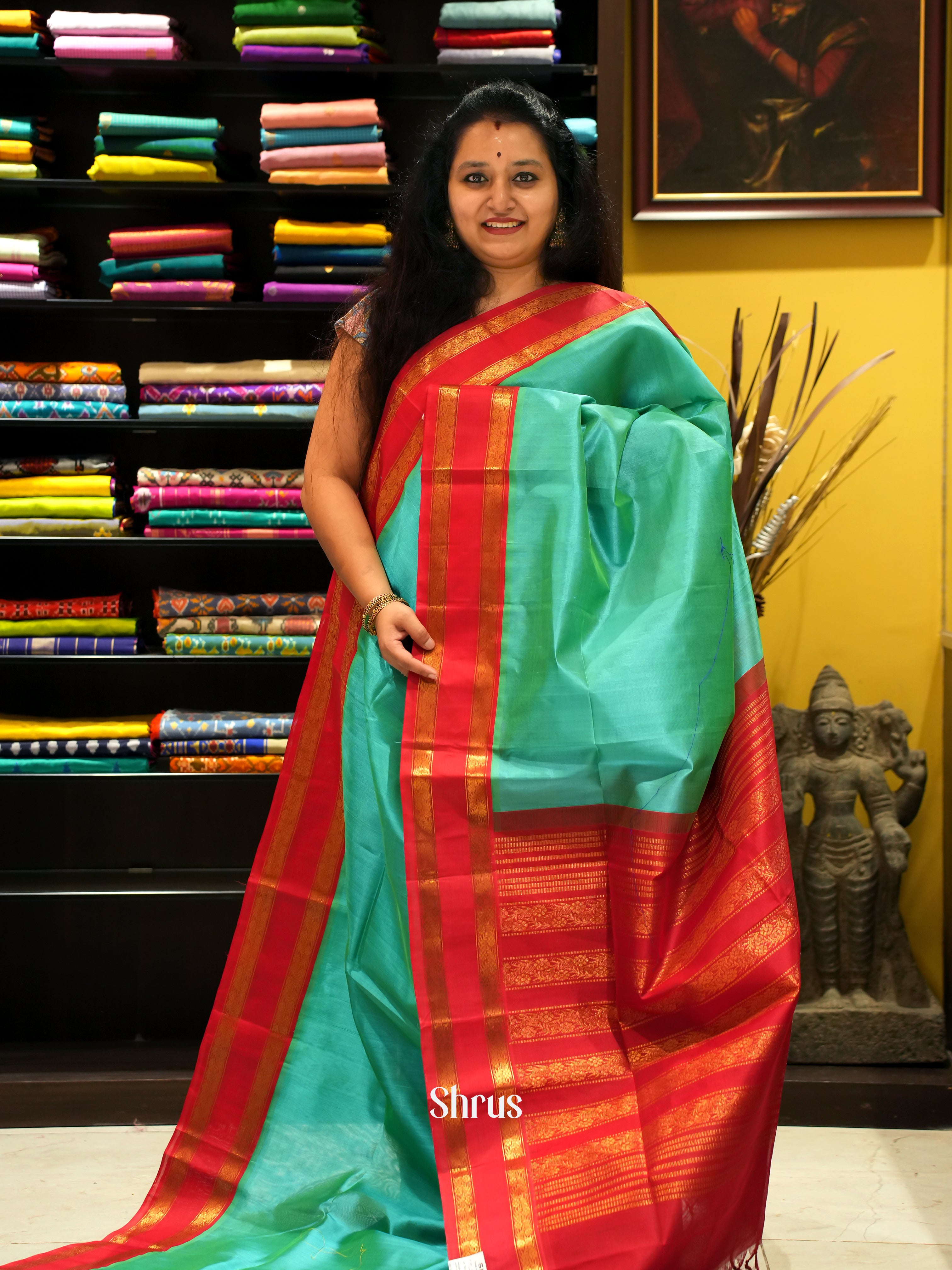 Green & Red- Silk Cotton Saree - Shop on ShrusEternity.com