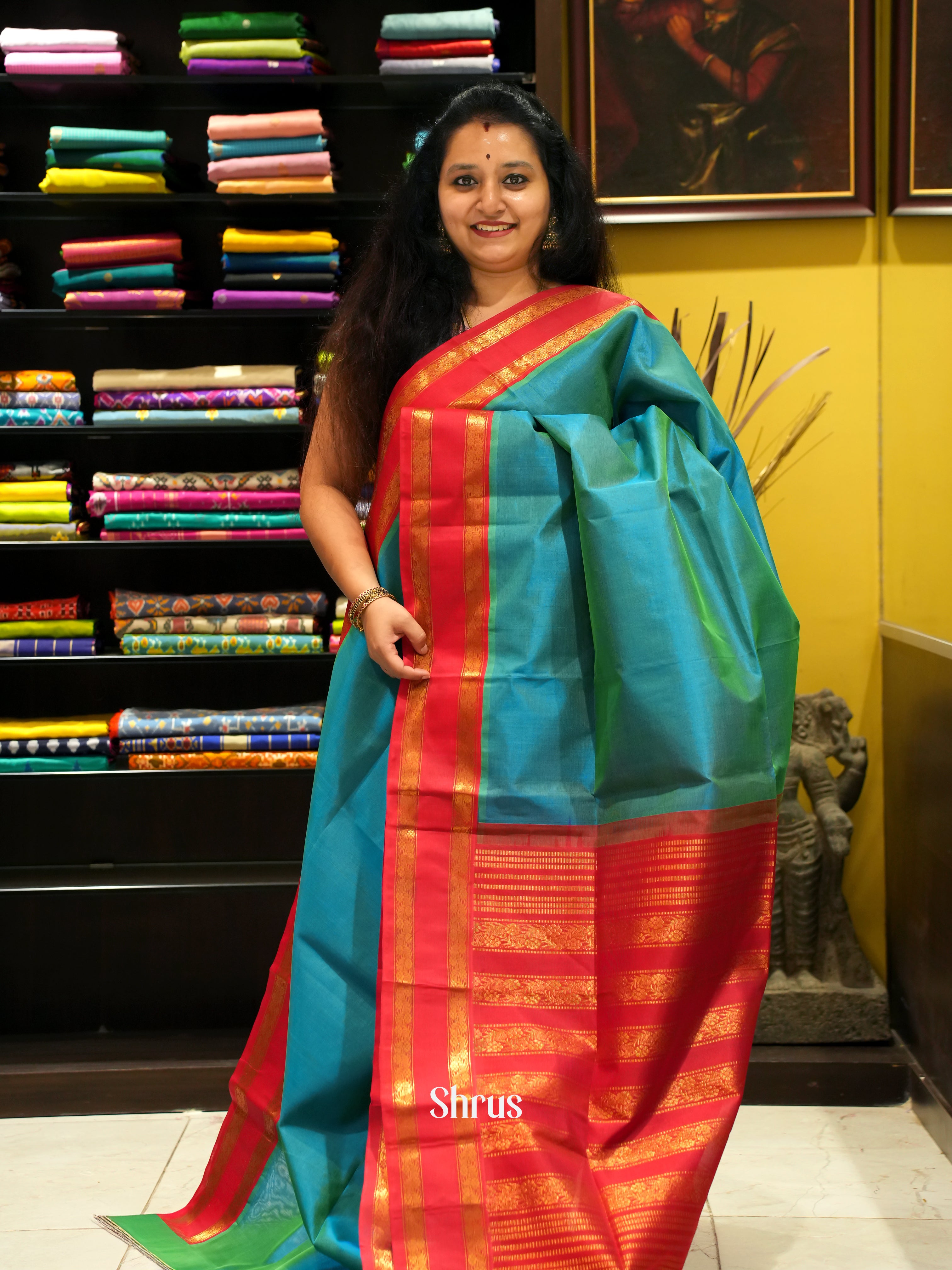 Green & Red - Silk Cotton Saree - Shop on ShrusEternity.com