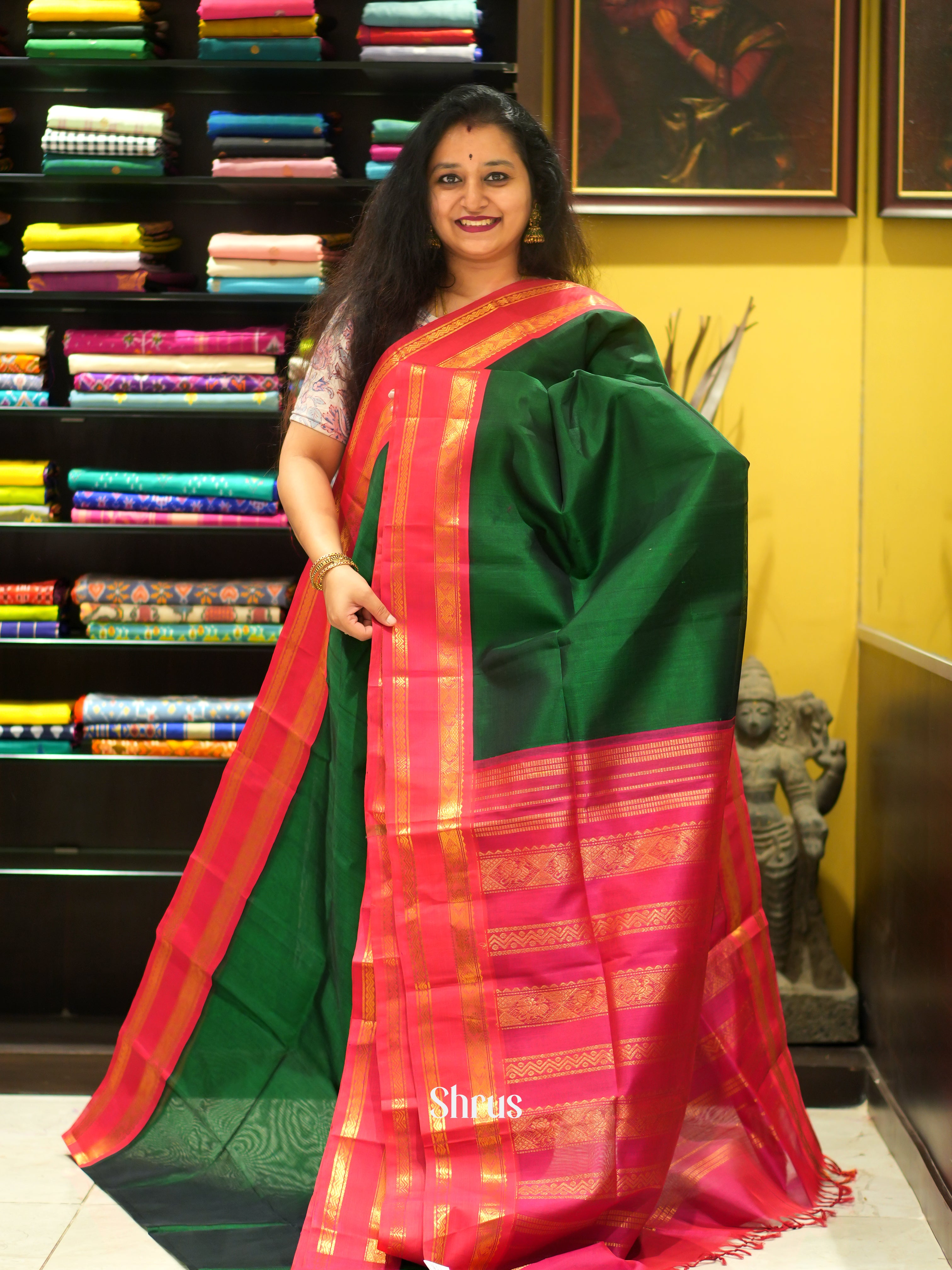 Green & Red - Silk Cotton Saree - Shop on ShrusEternity.com