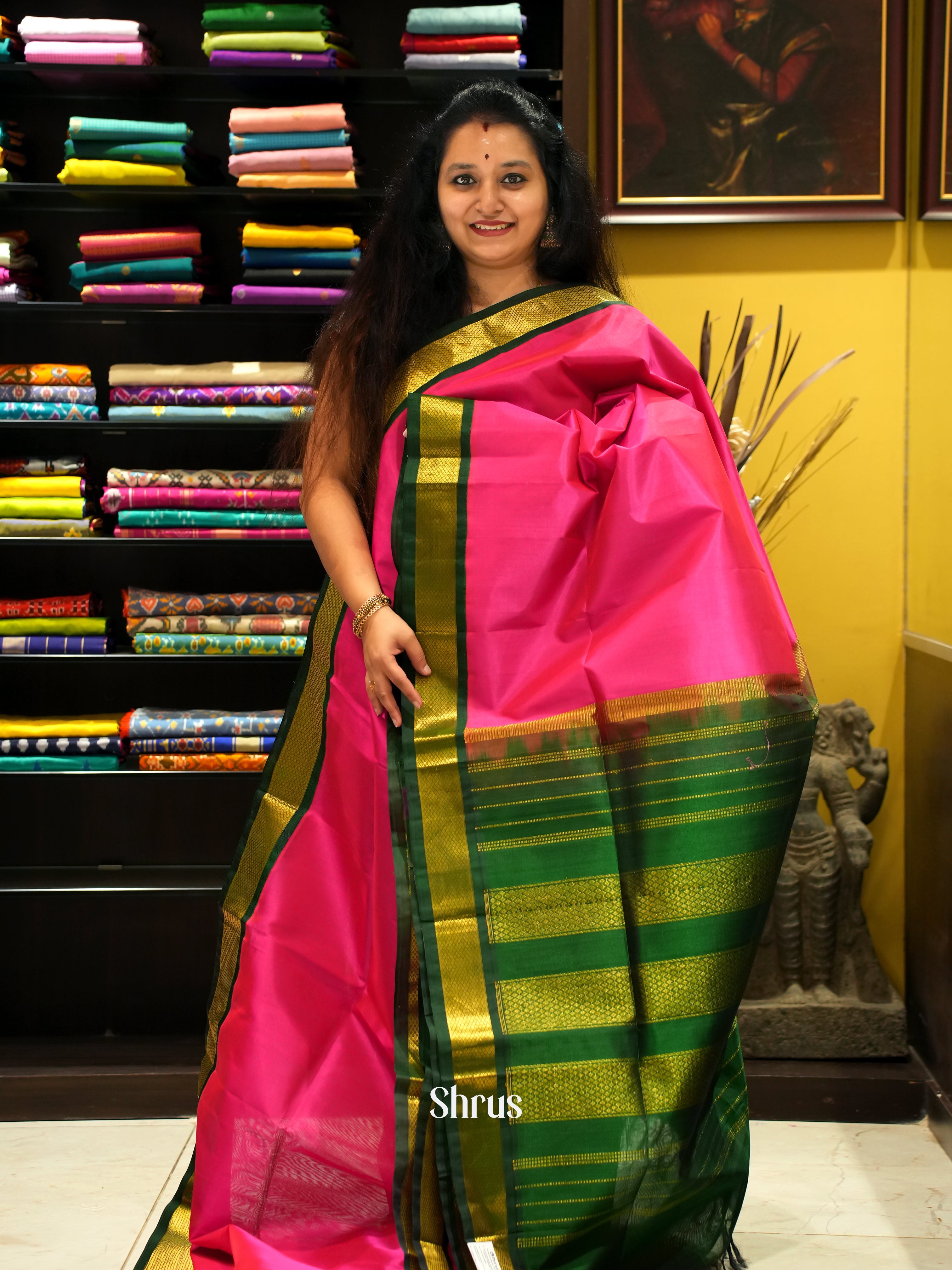 Pink & Green - Silk Cotton Saree - Shop on ShrusEternity.com