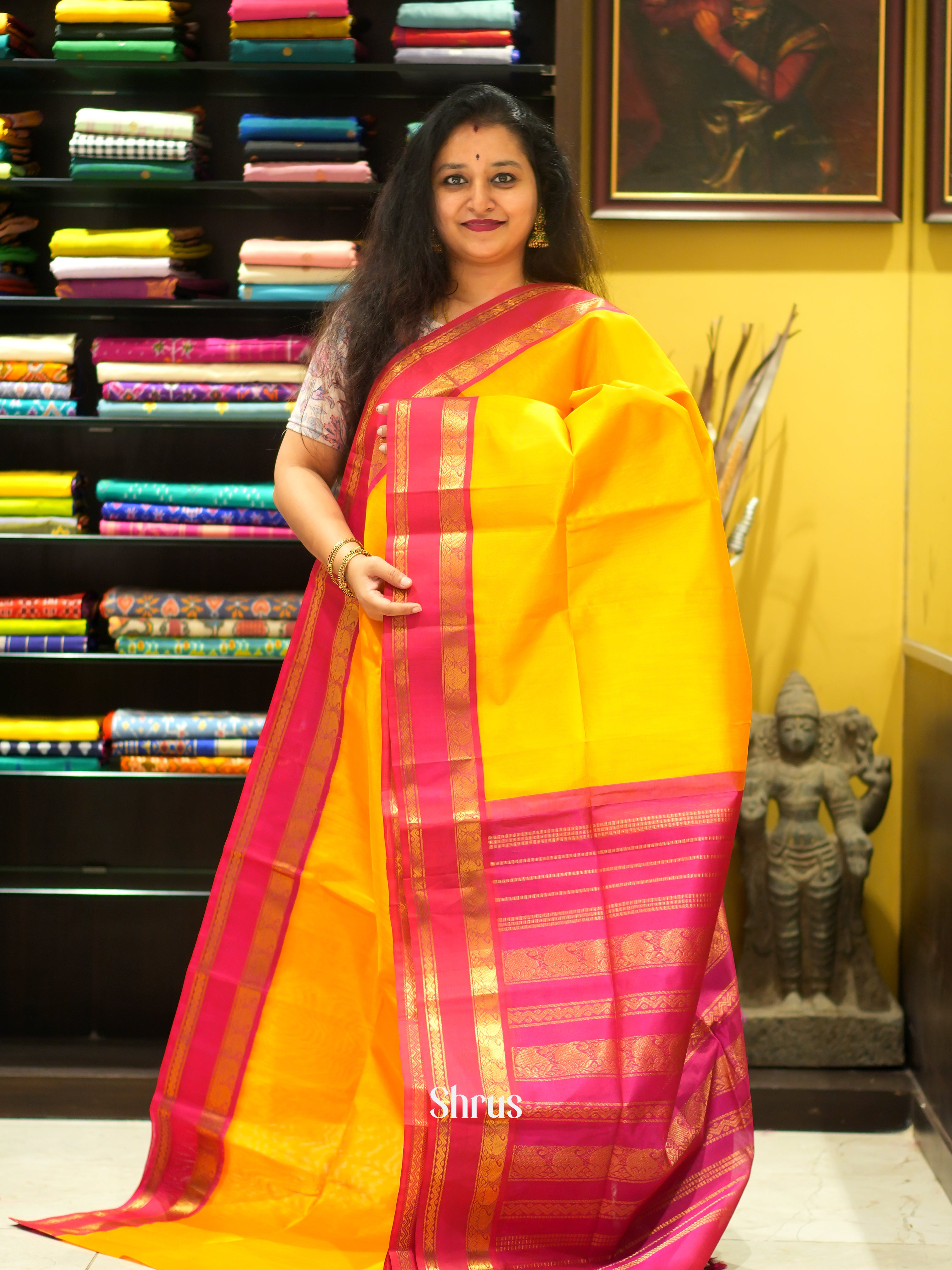 Yellow & Red - Silk Cotton Saree - Shop on ShrusEternity.com