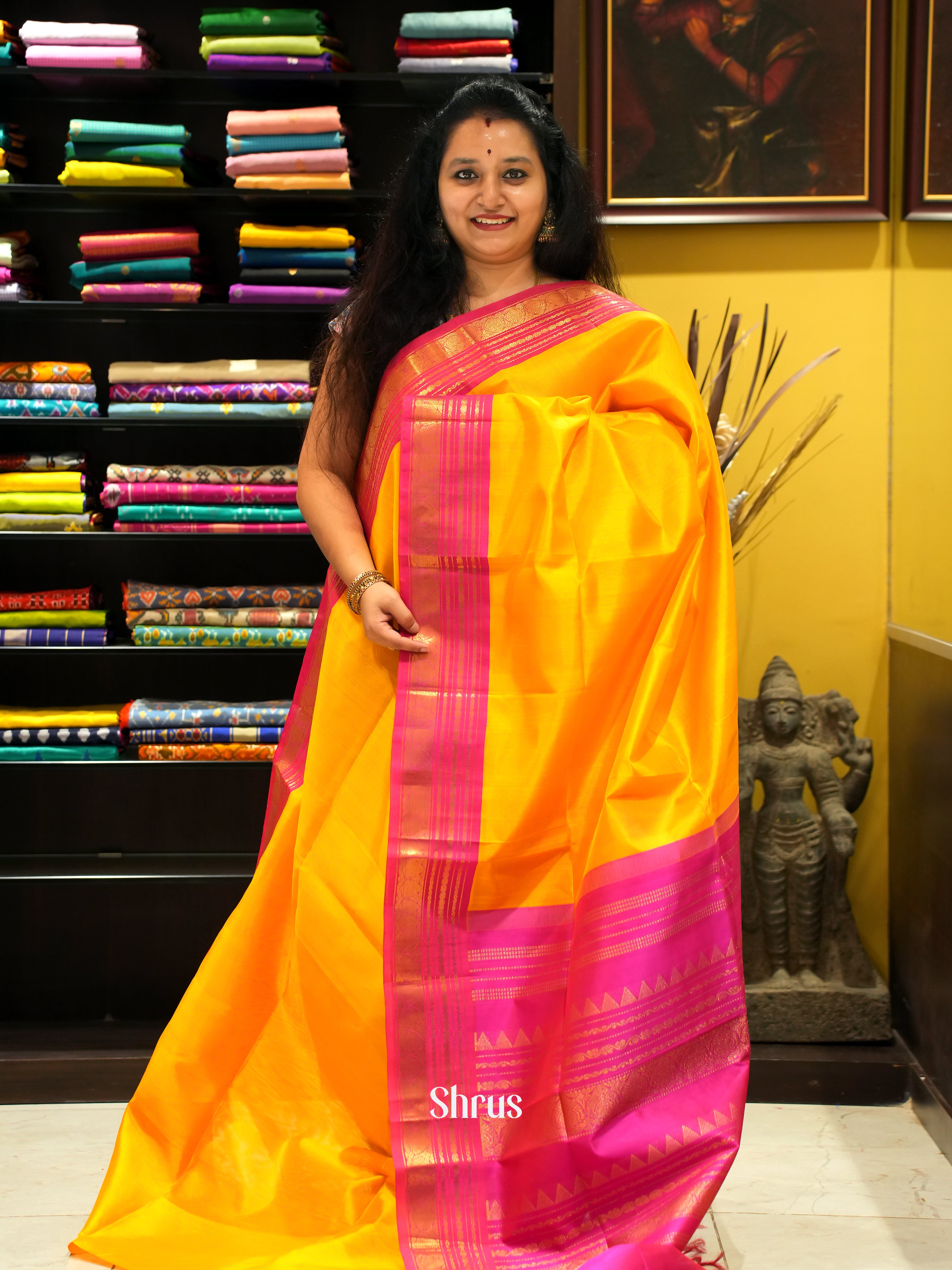 Yellow & Pink - Silk Cotton Saree - Shop on ShrusEternity.com