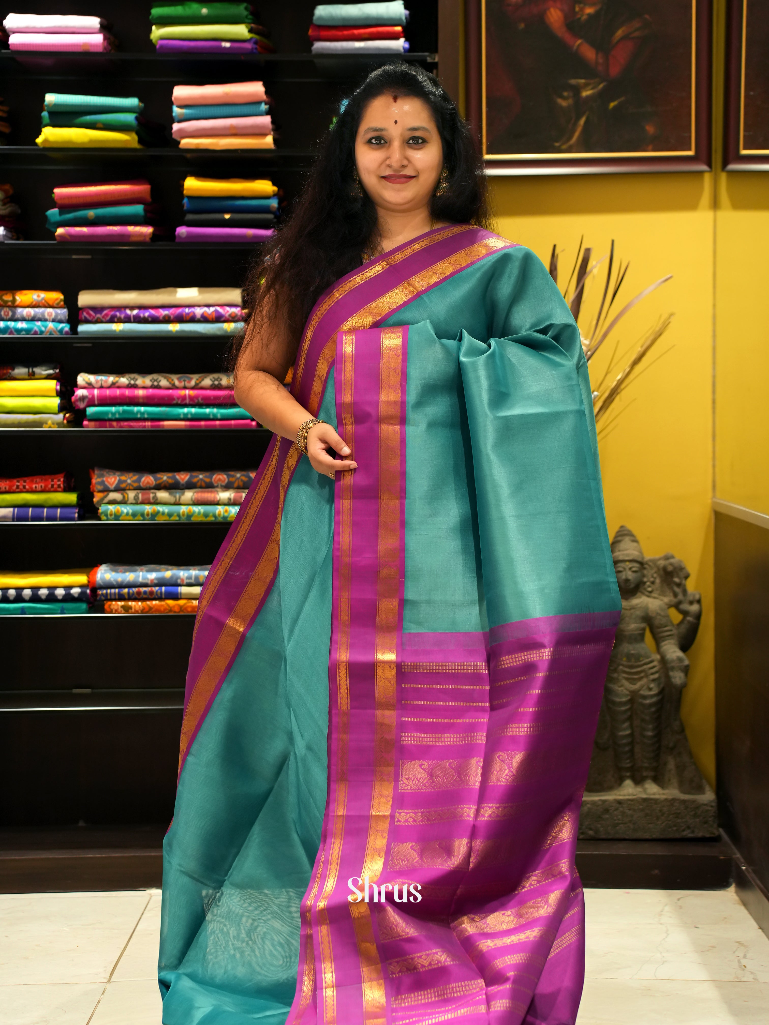 Green & Majenta - Silk Cotton Saree - Shop on ShrusEternity.com