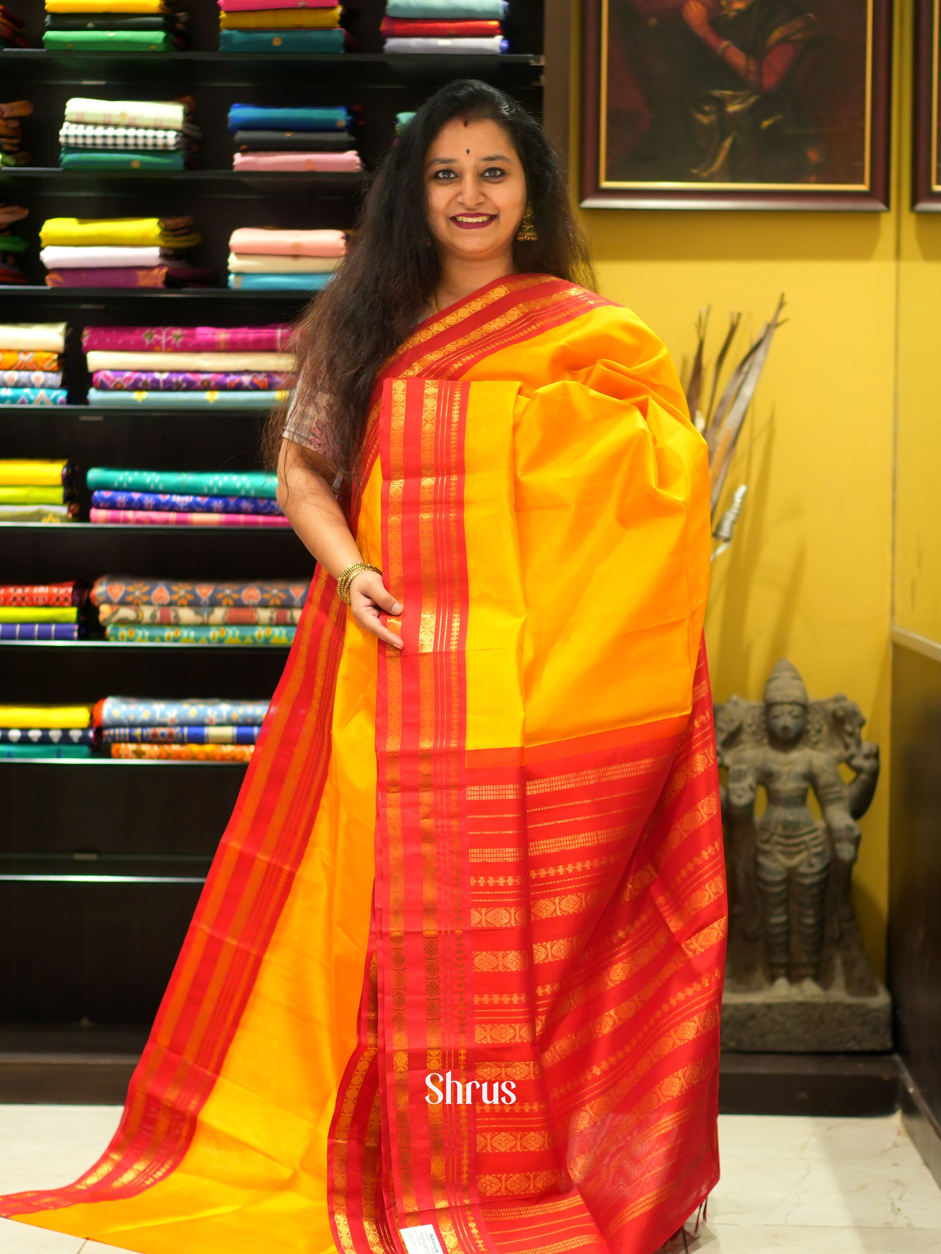 Yellow & Red - Silk Cotton Saree - Shop on ShrusEternity.com