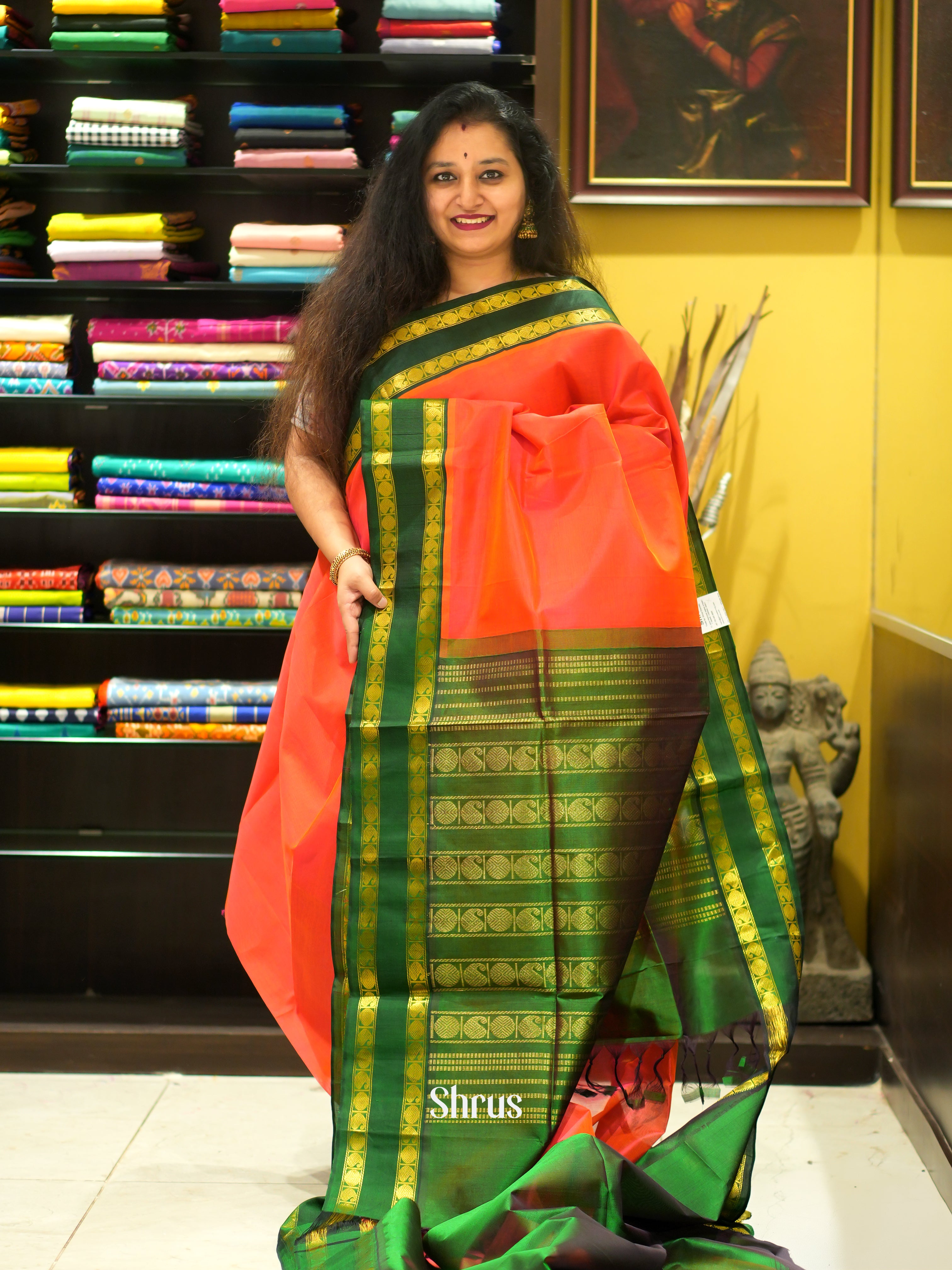 Orange & Green - Silk Cotton Saree - Shop on ShrusEternity.com