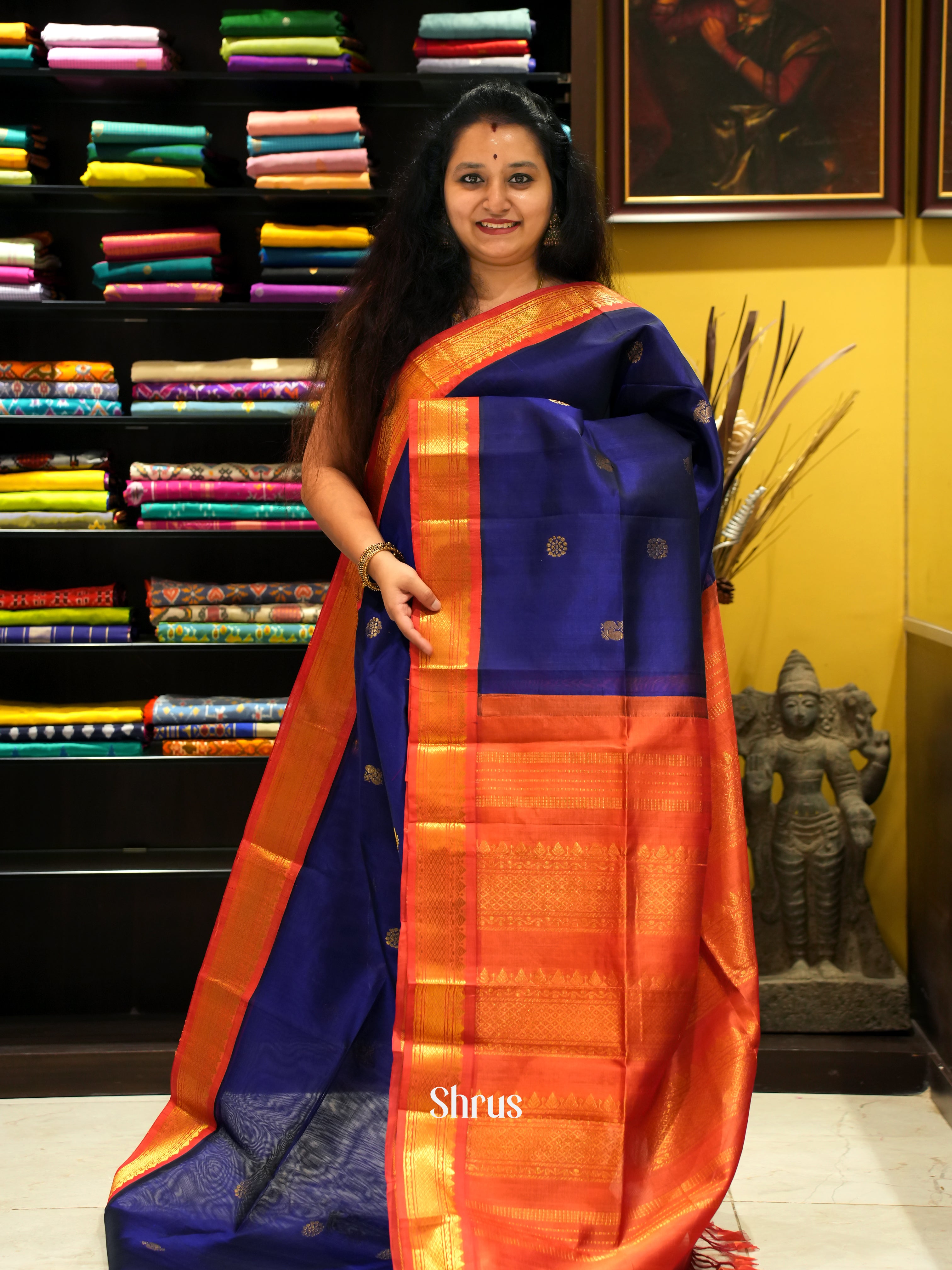 Blue & red - Silk Cotton Saree - Shop on ShrusEternity.com