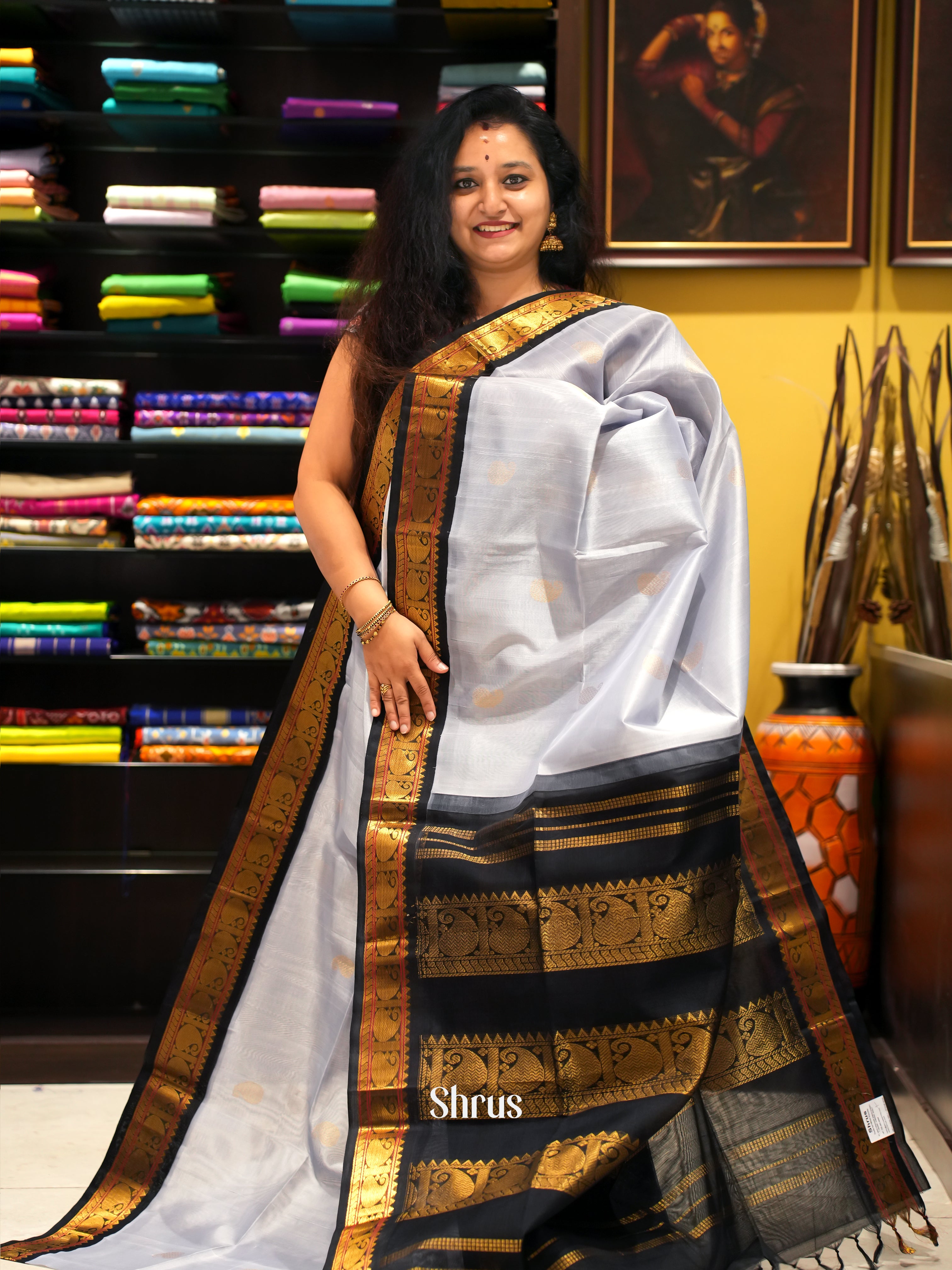 Grey & Black - Silk Cotton Saree - Shop on ShrusEternity.com