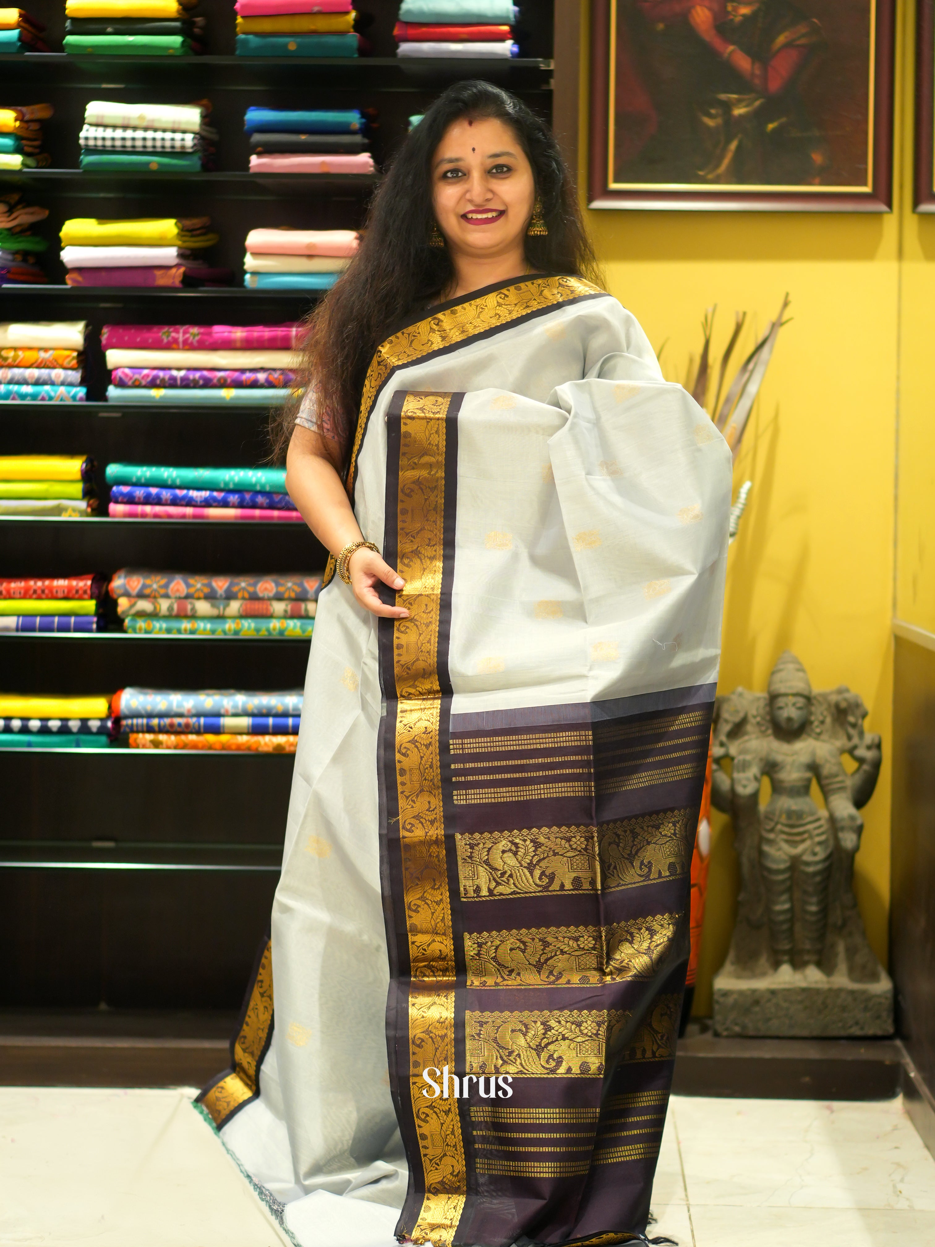 Grey & Brown - Silk Cotton Saree - Shop on ShrusEternity.com