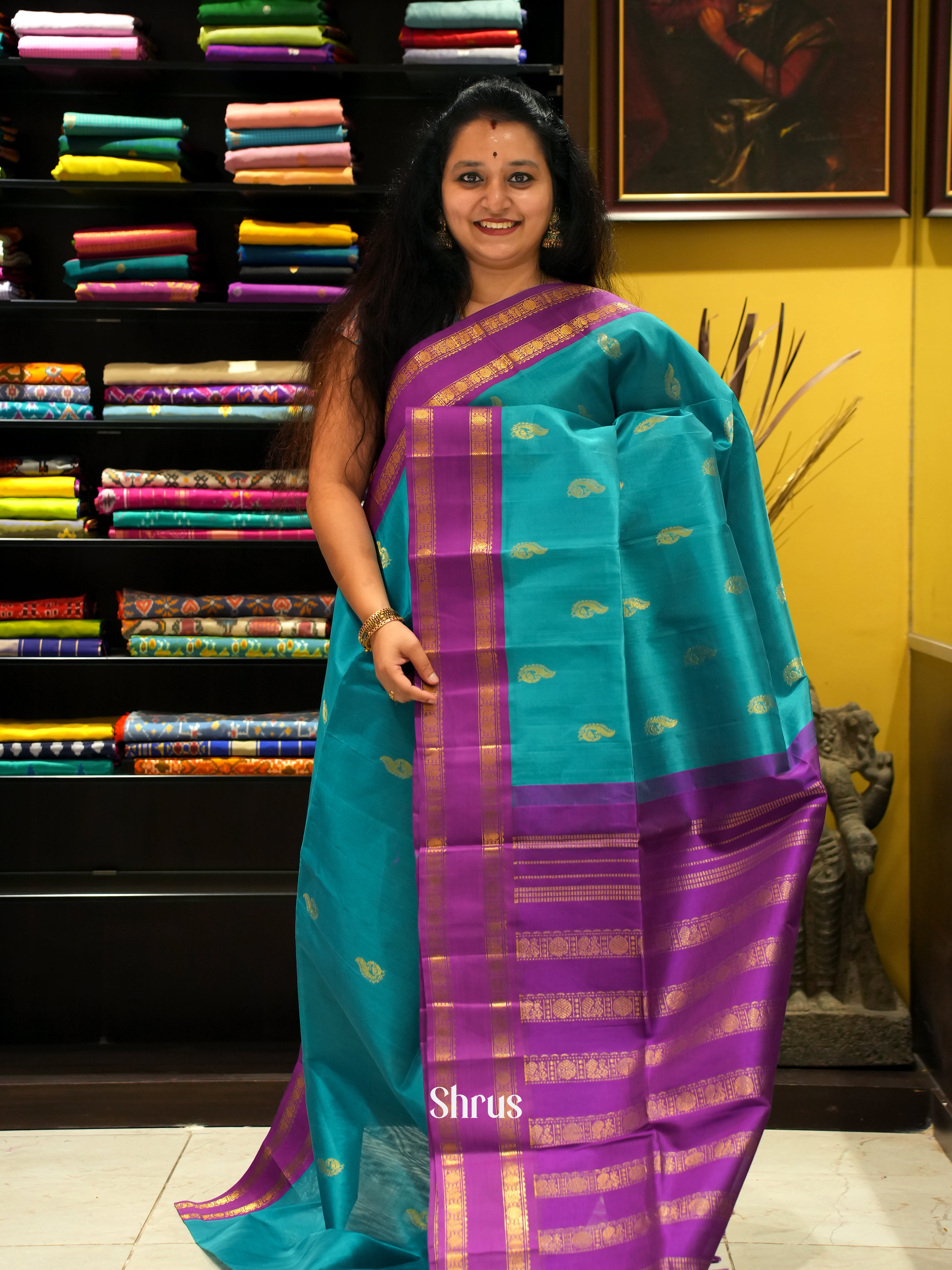 Blue & Purple - Silk Cotton Saree - Shop on ShrusEternity.com