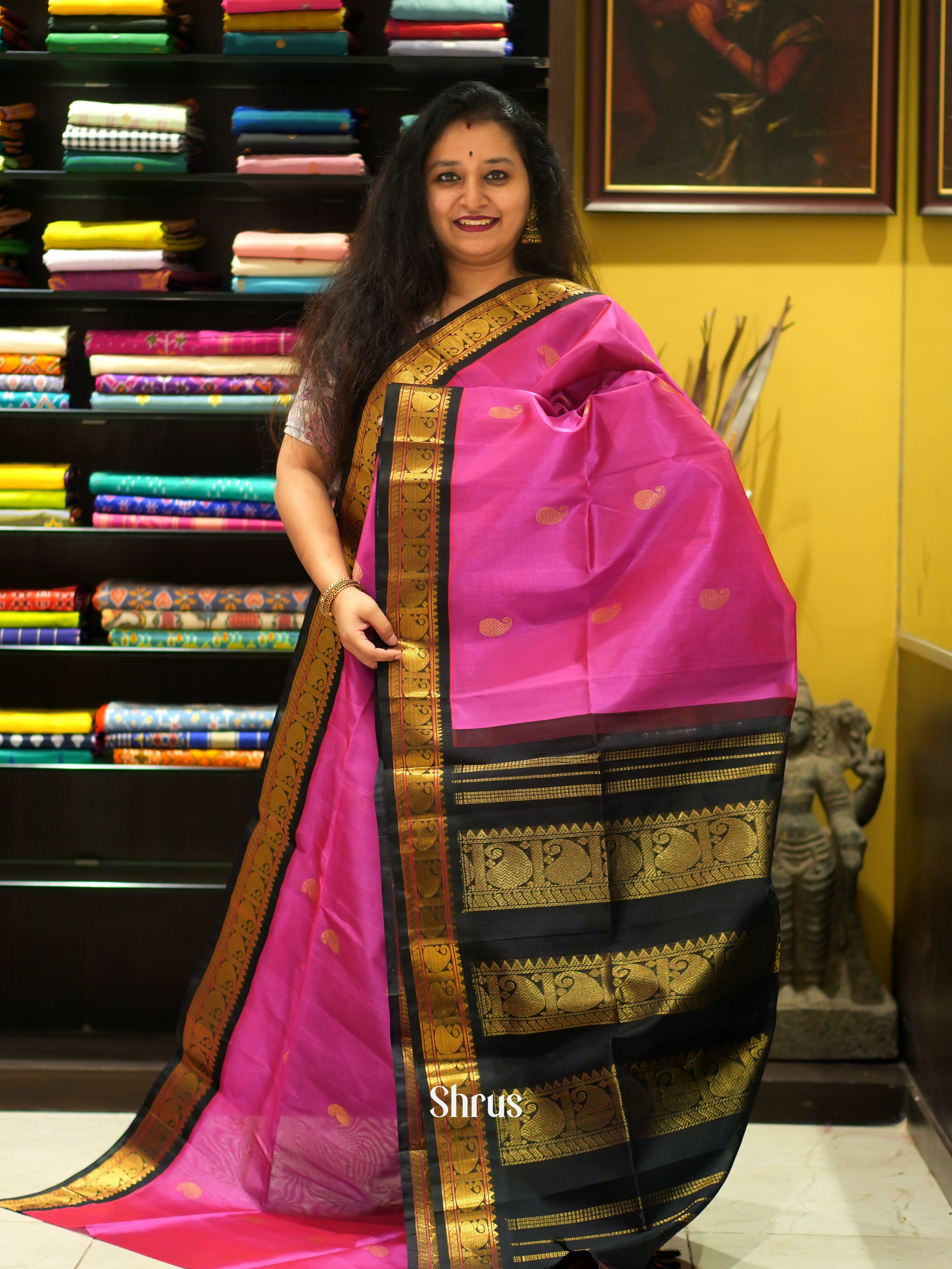 Pink & Black - Silk Cotton Saree - Shop on ShrusEternity.com