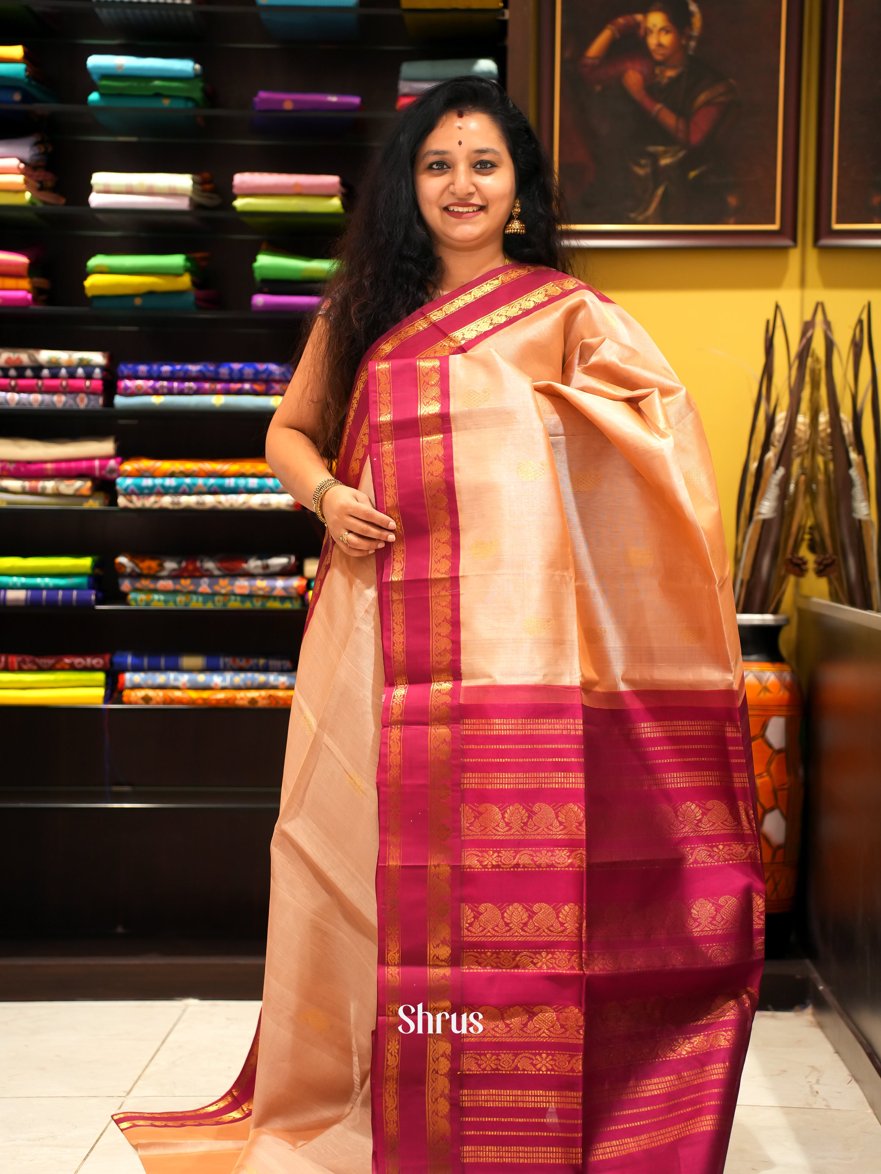 Peach & Maroon - Silk Cotton Saree - Shop on ShrusEternity.com