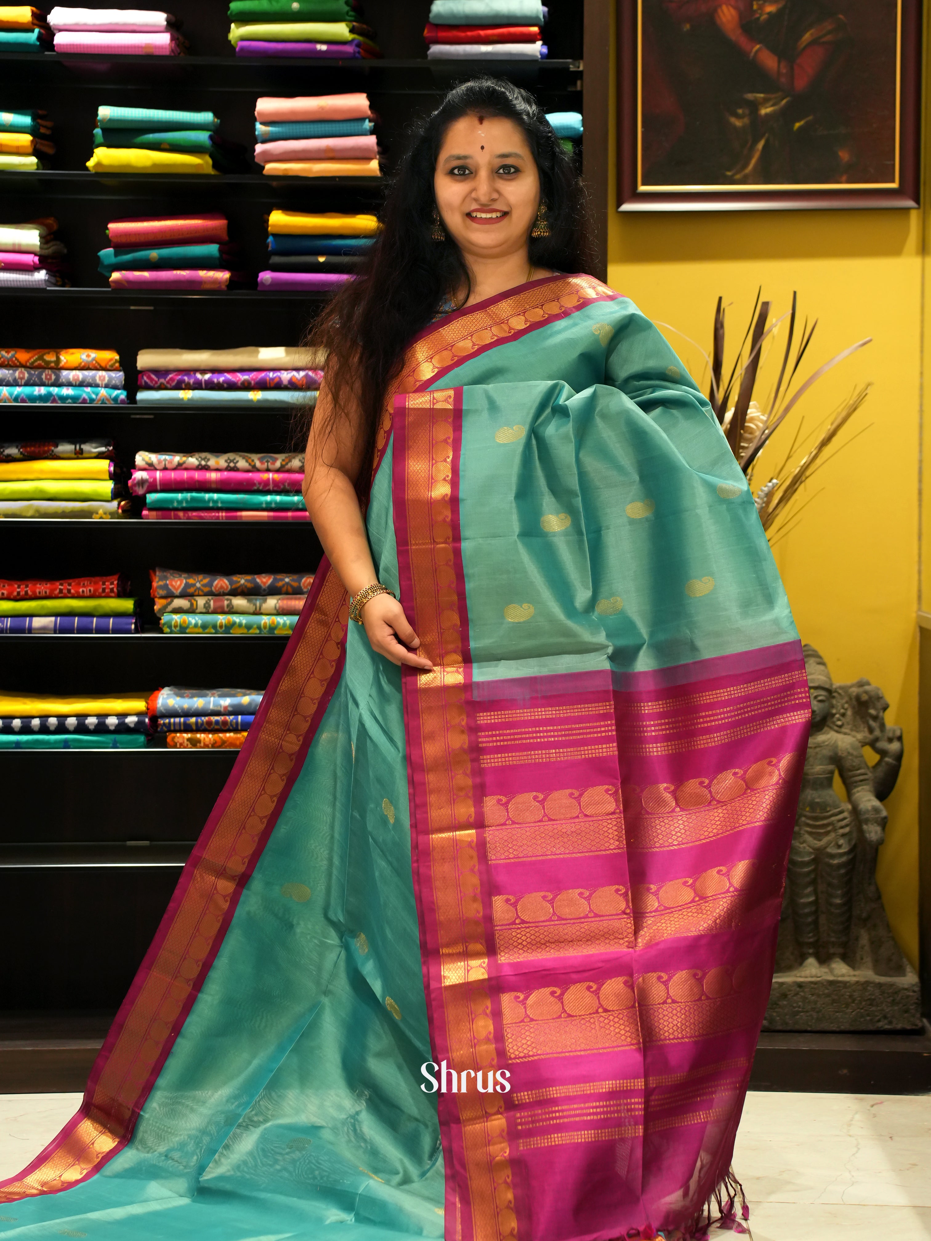 Green & Maroon - Silk Cotton Saree - Shop on ShrusEternity.com