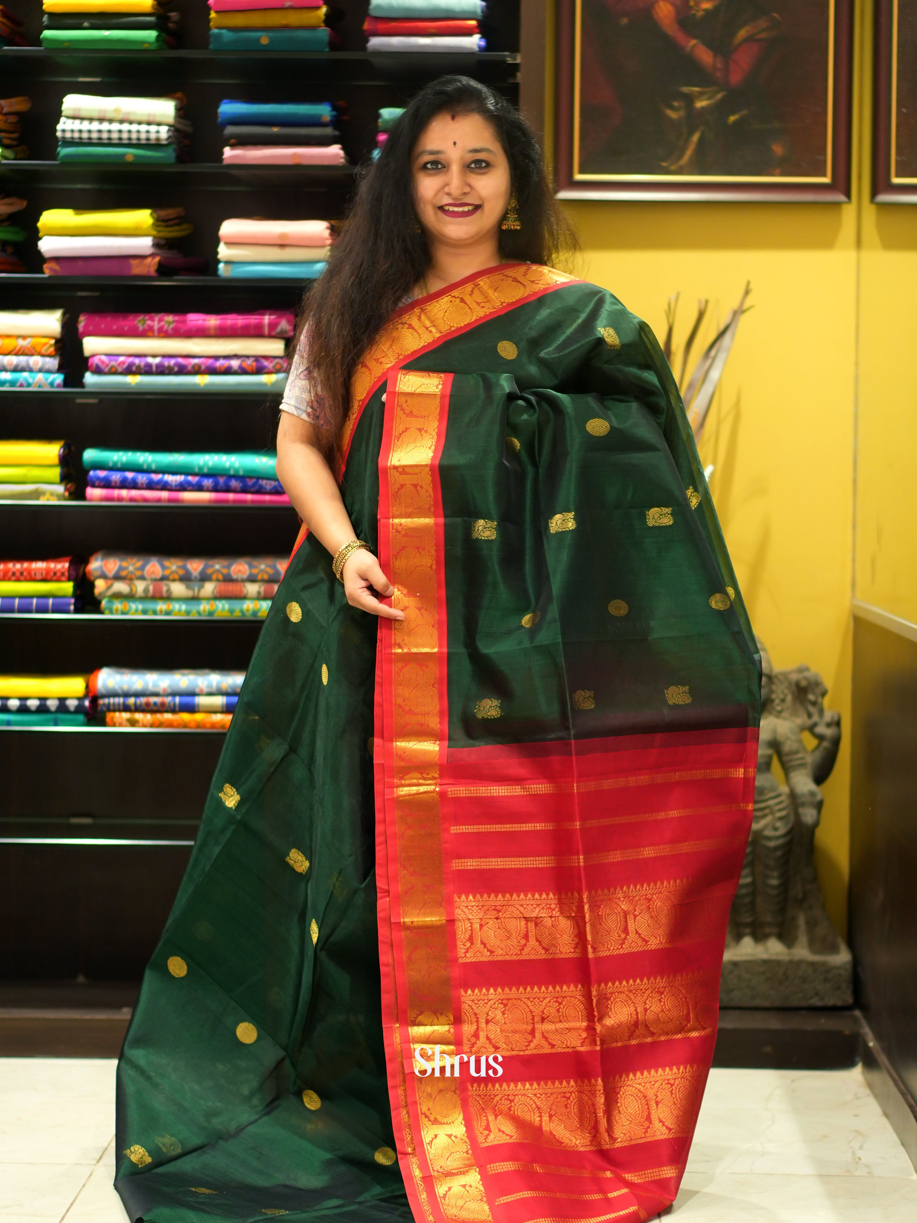 Green & Red - Silk Cotton Saree - Shop on ShrusEternity.com