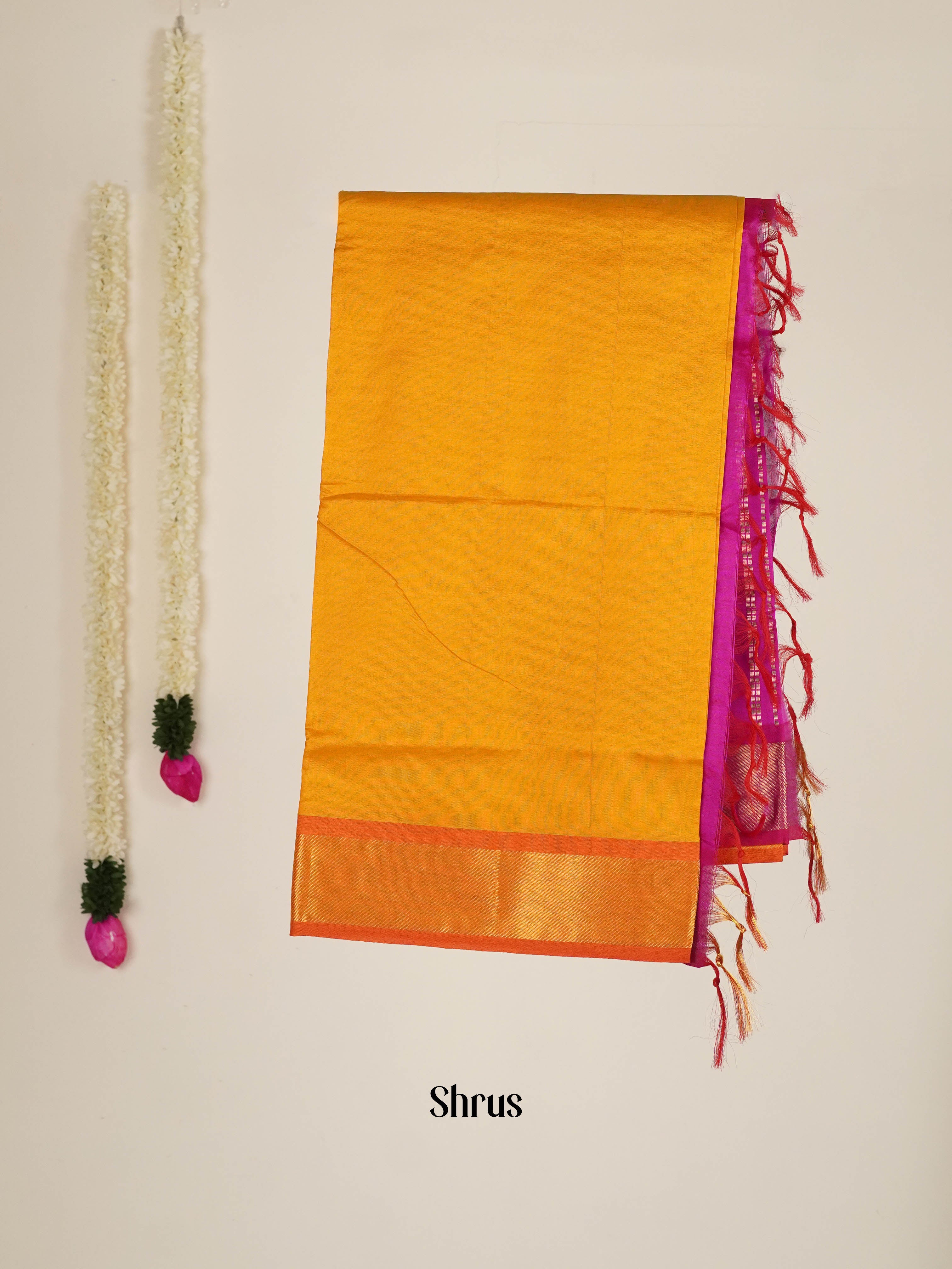 Mustard & Pink- Silk cotton-halfpure Saree - Shop on ShrusEternity.com
