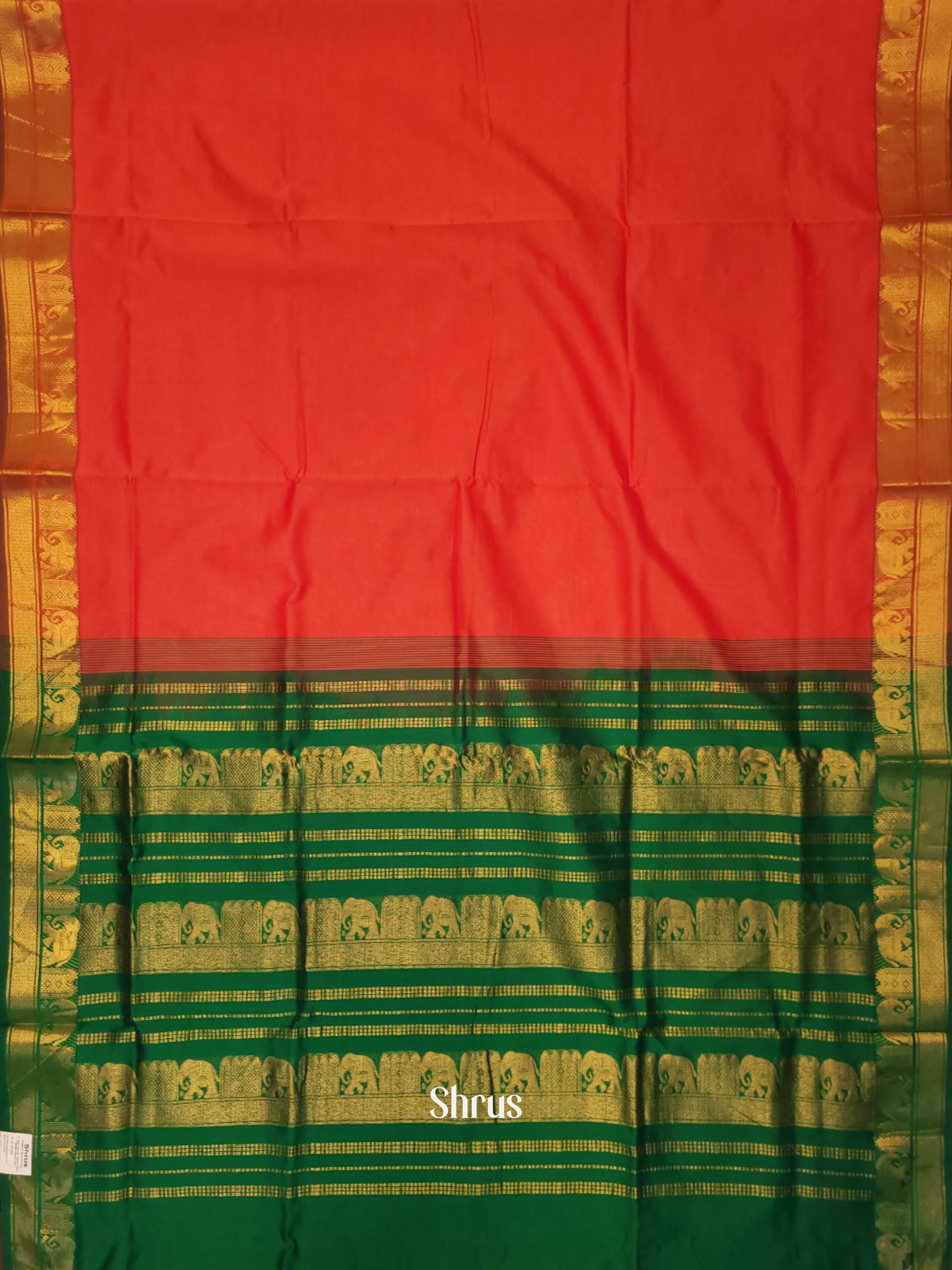 Orange & Green - Silk cotton-halfpure Saree - Shop on ShrusEternity.com