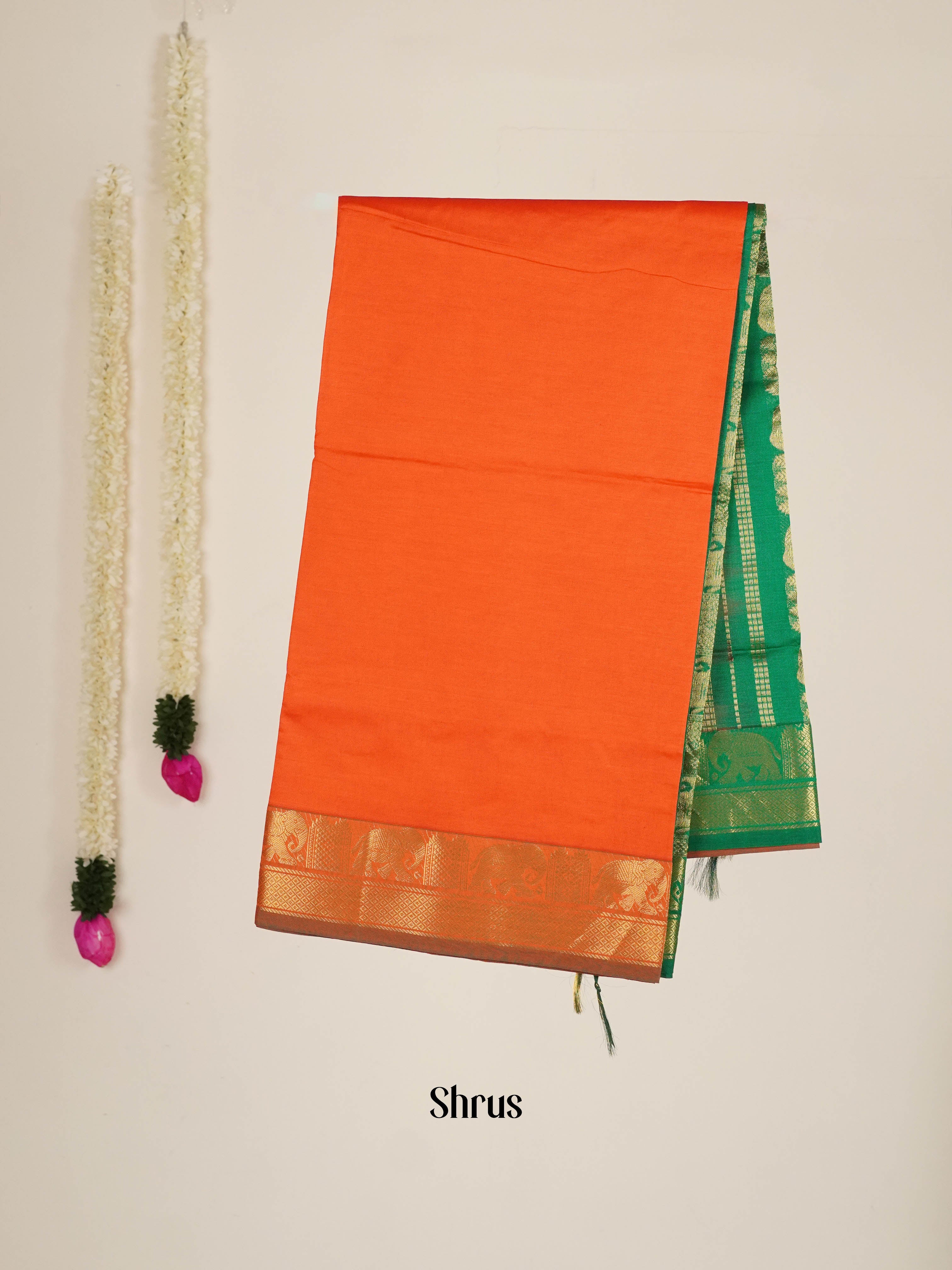 Orange & Green - Silk cotton-halfpure Saree - Shop on ShrusEternity.com