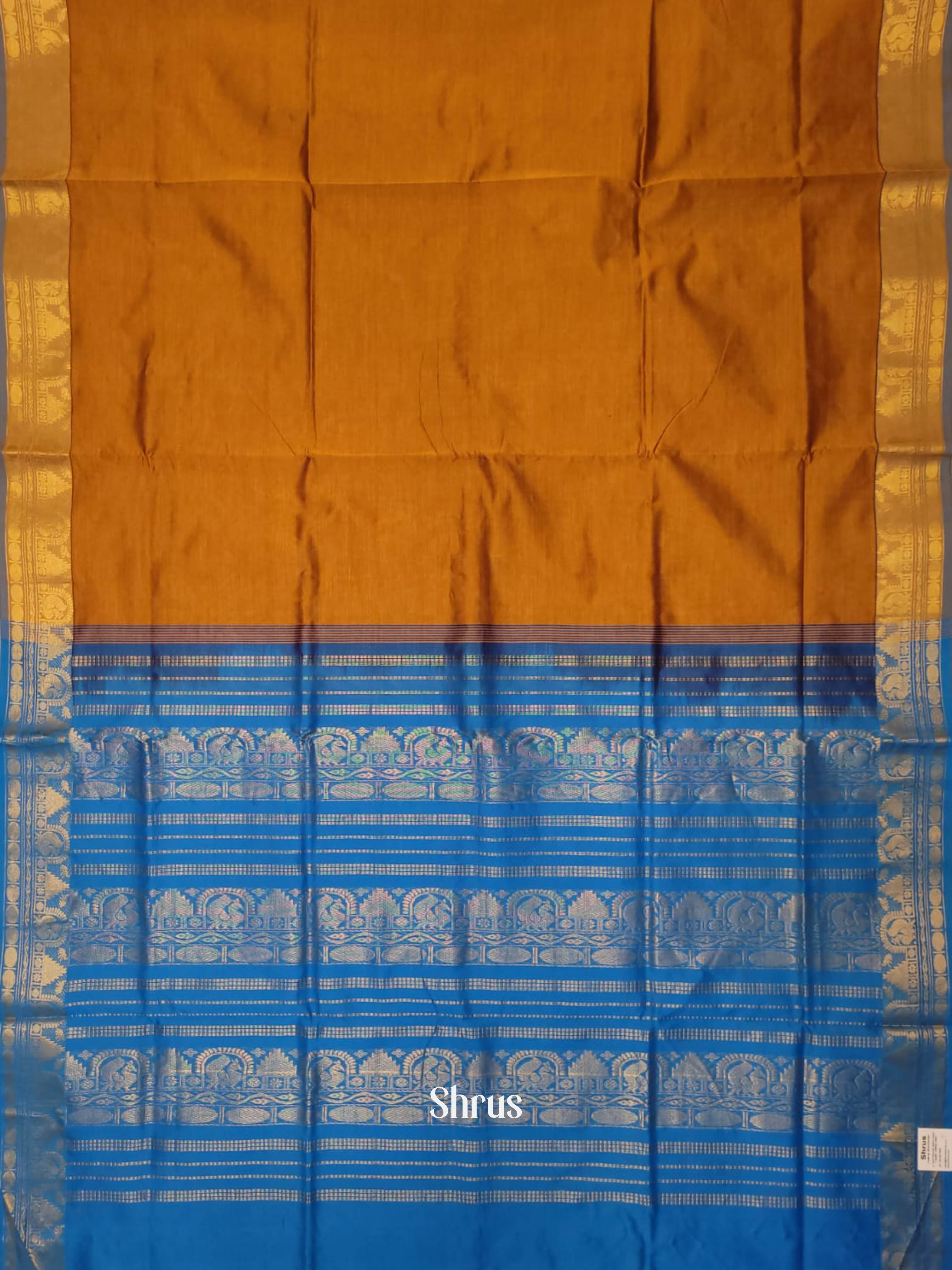 Mustard & Blue- Silk cotton-halfpure Saree - Shop on ShrusEternity.com