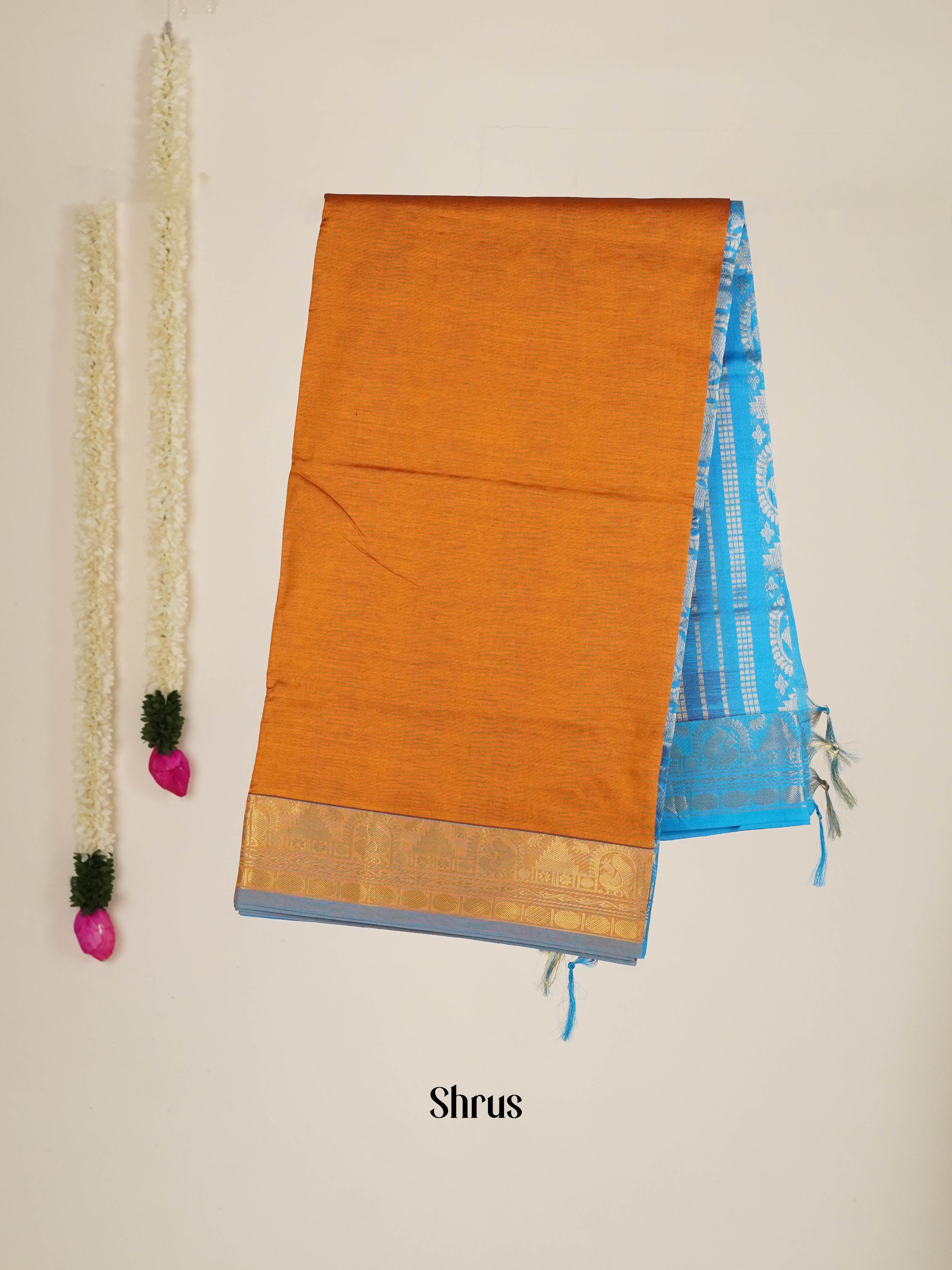Mustard & Blue- Silk cotton-halfpure Saree - Shop on ShrusEternity.com