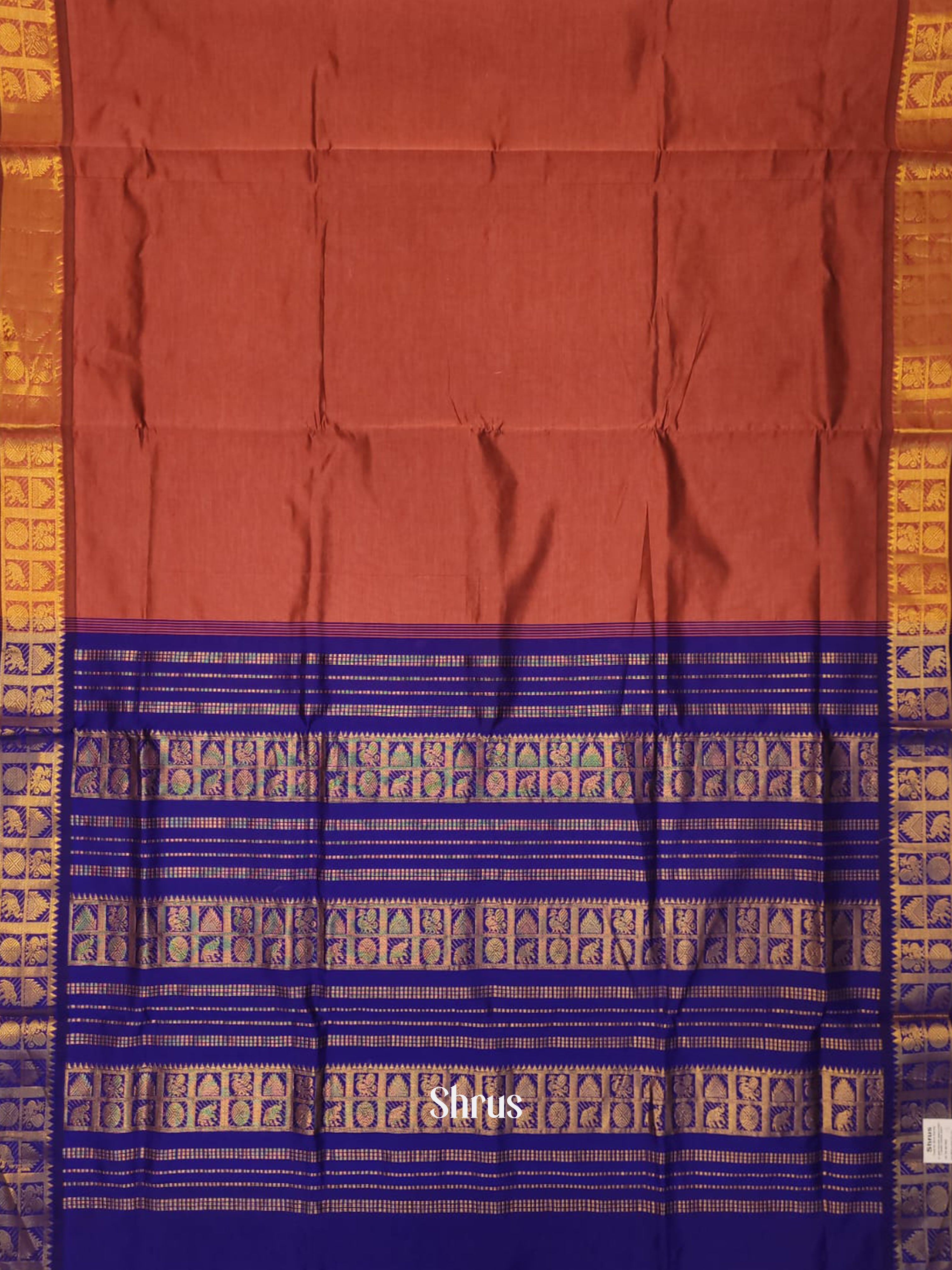 Brown & Blue - Silk cotton-halfpure Saree - Shop on ShrusEternity.com