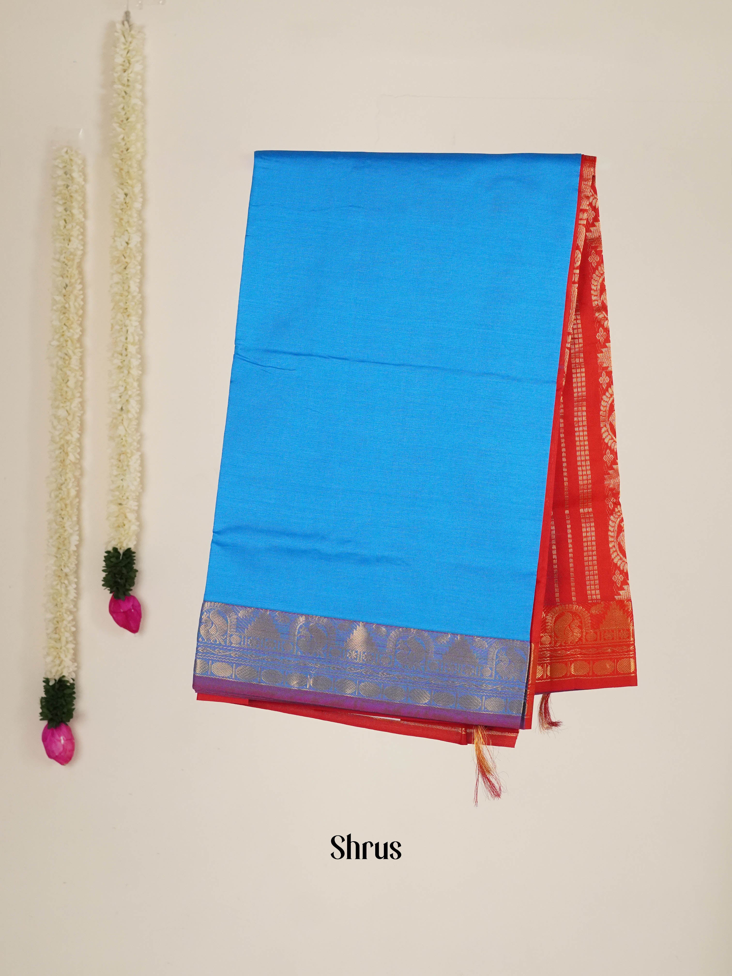 Blue & Red - Silk cotton-halfpure Saree - Shop on ShrusEternity.com