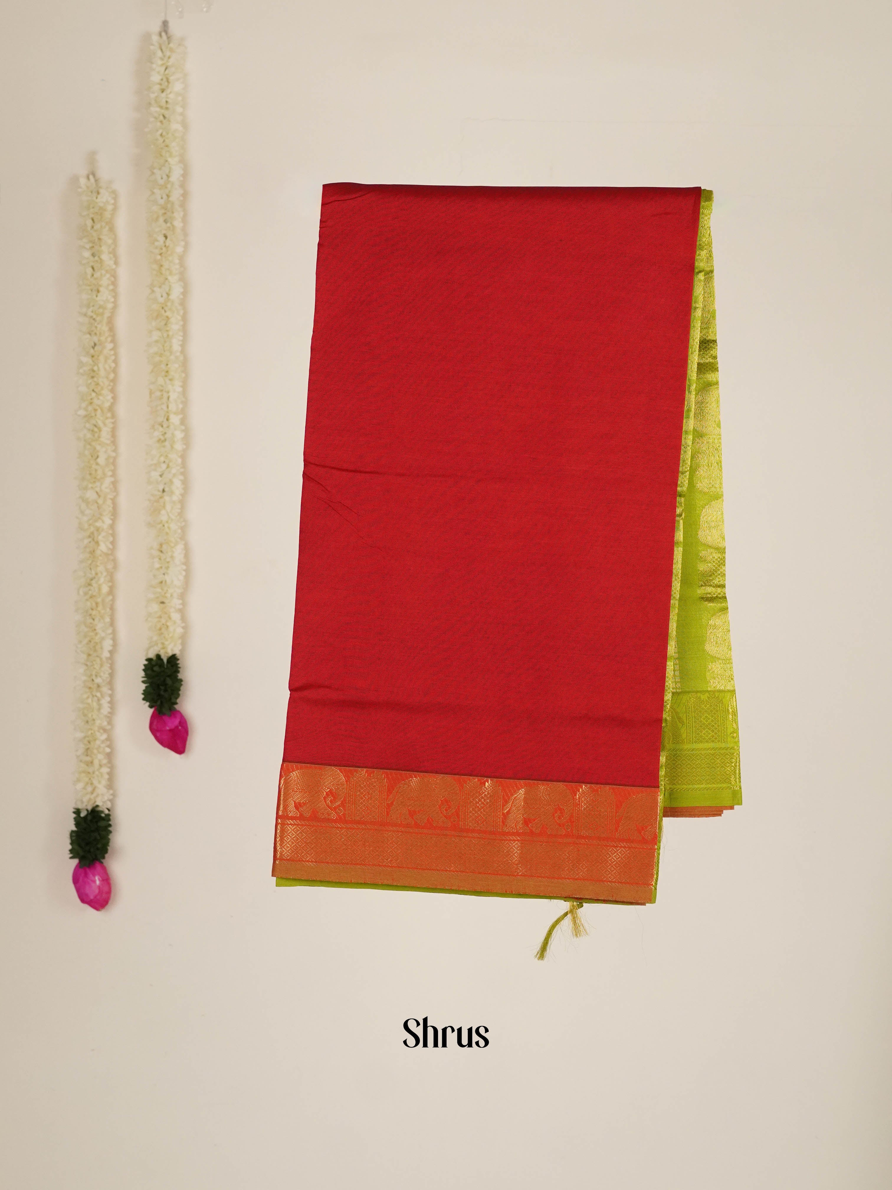 Red & Green - Silk cotton-halfpure Saree - Shop on ShrusEternity.com