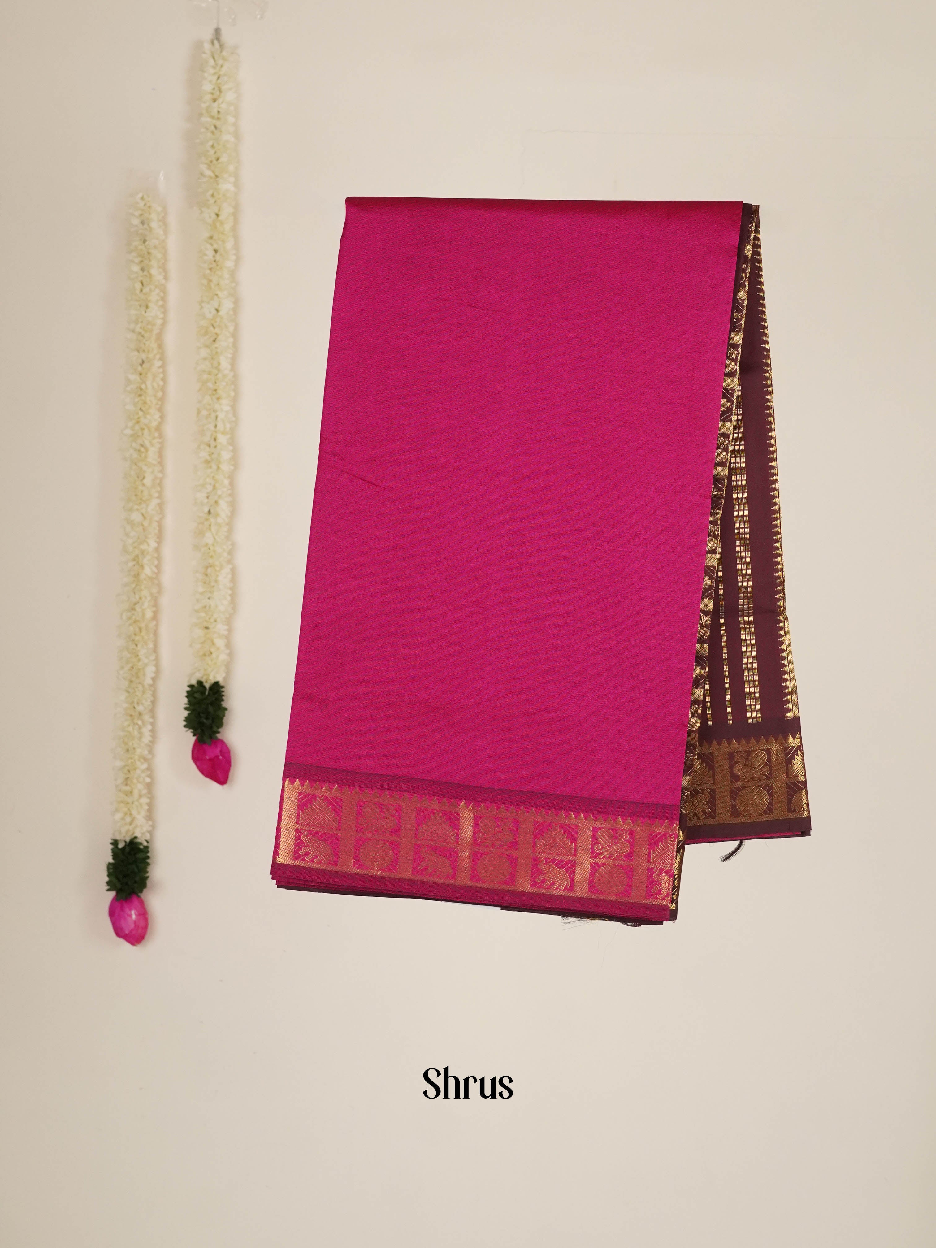 Pink & Brown - Silkcotton-halfpure Saree - Shop on ShrusEternity.com