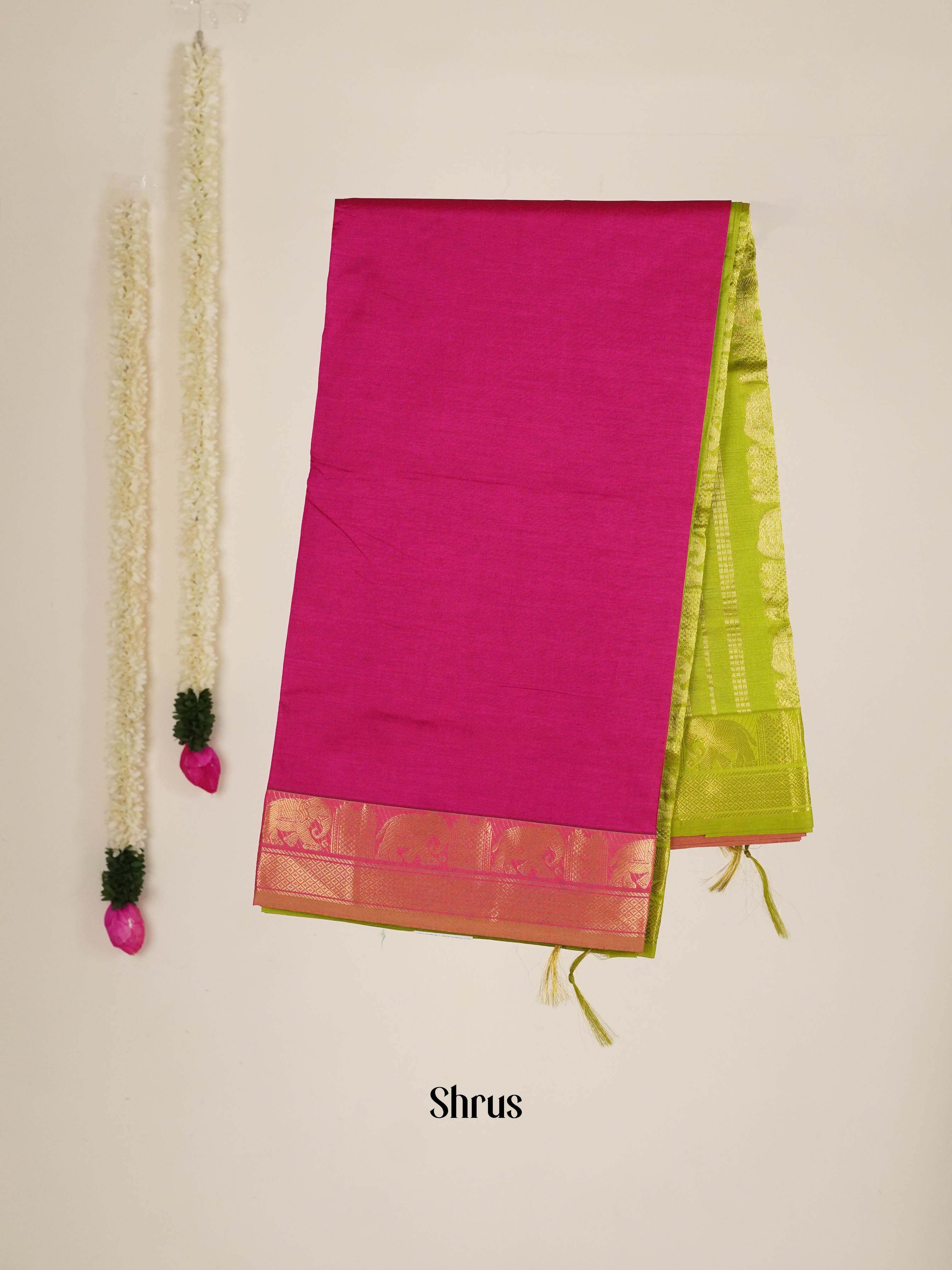 Pink & Green - Silkcotton-halfpure Saree - Shop on ShrusEternity.com