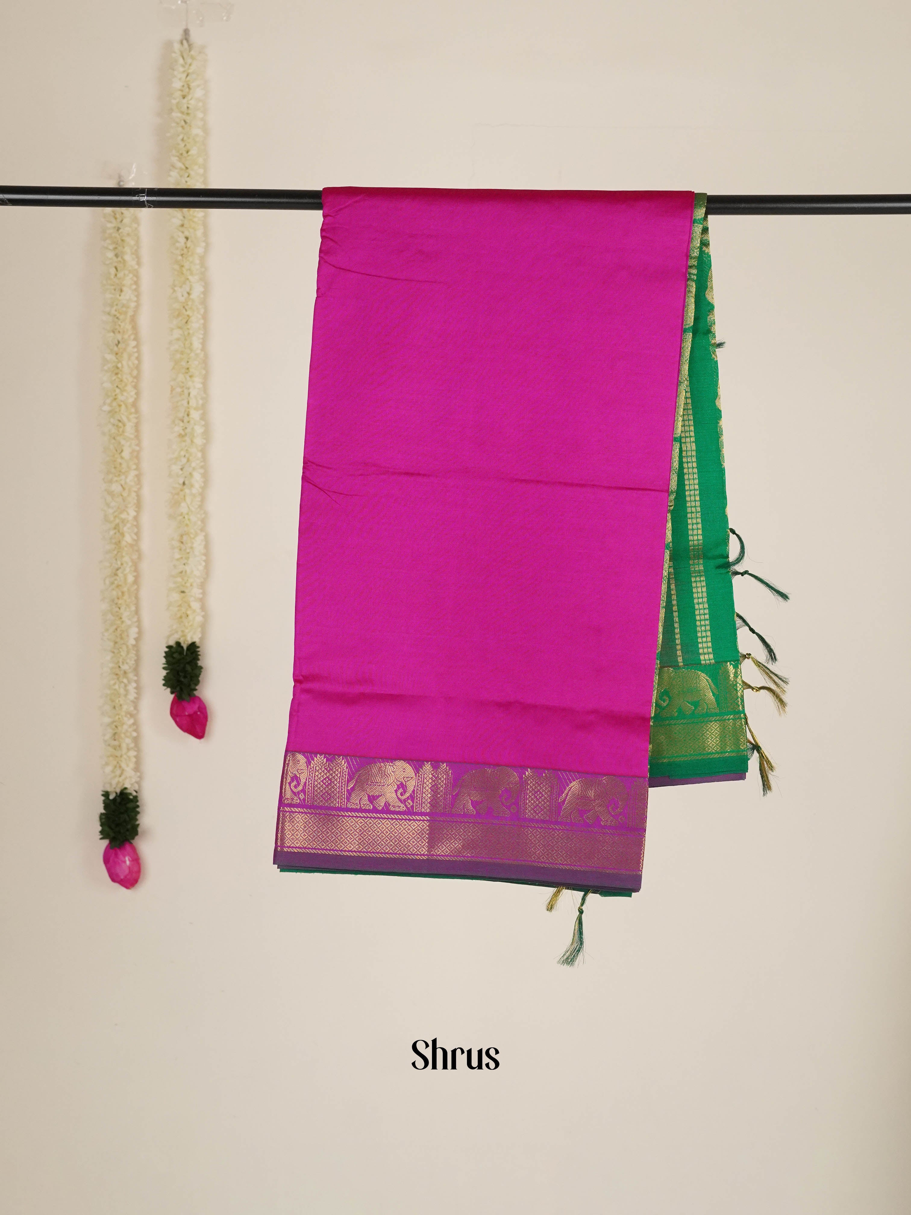 Pink & Green - Silkcotton-halfpure Saree - Shop on ShrusEternity.com