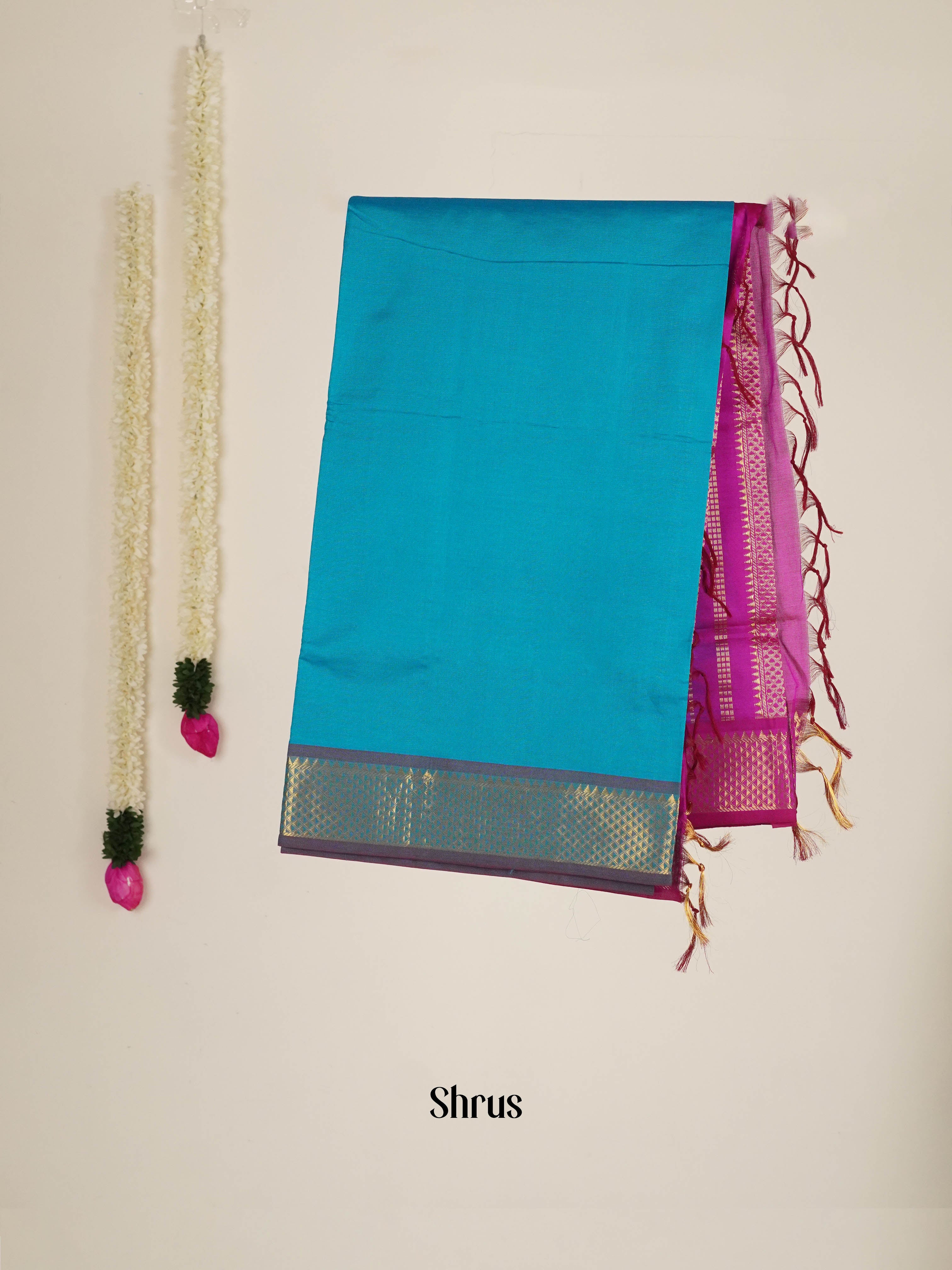Blue & Pink - Silk cotton-halfpure Saree - Shop on ShrusEternity.com