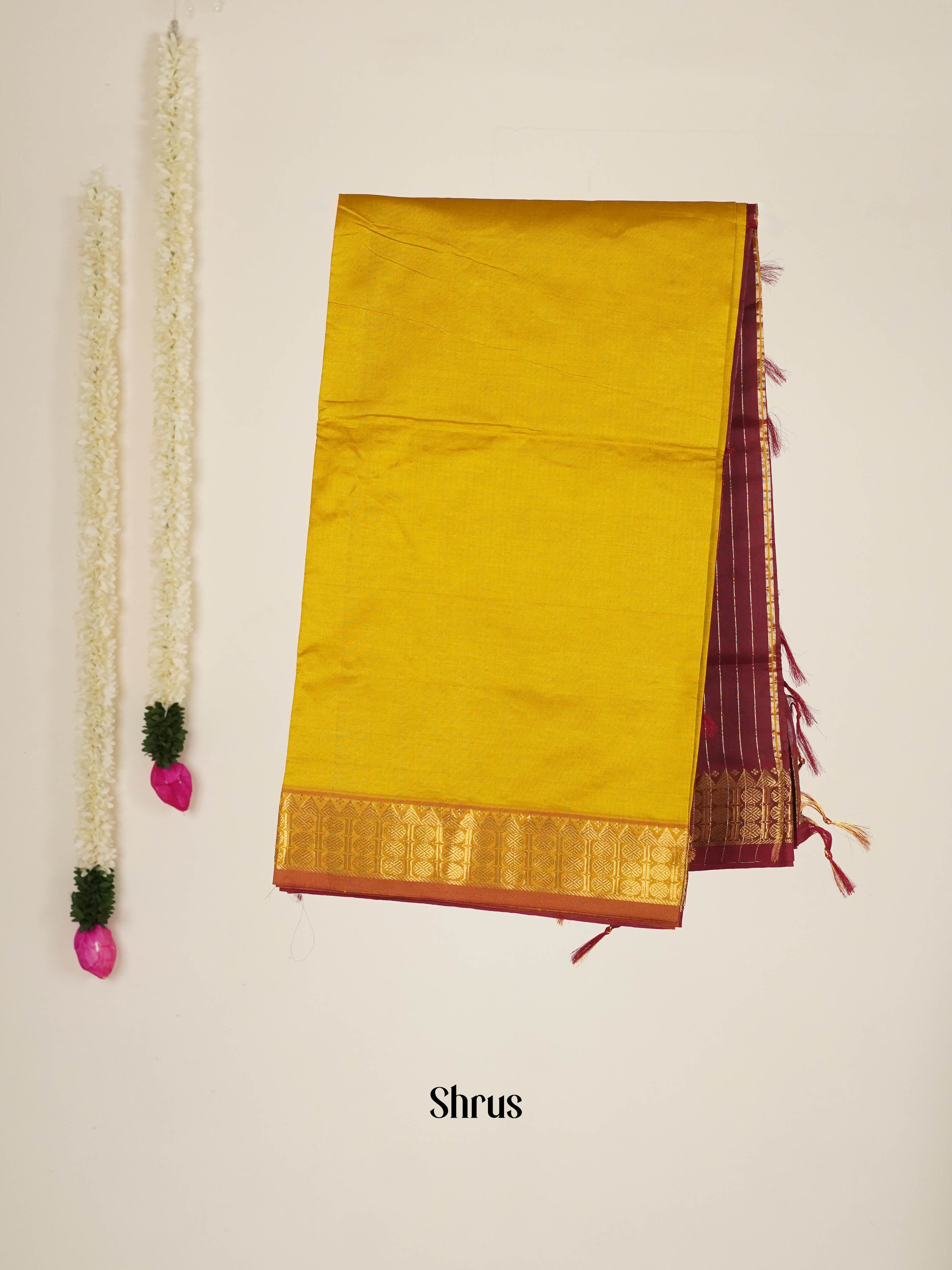 Mustardy Green & Brown - Silk cotton-halfpure Saree - Shop on ShrusEternity.com