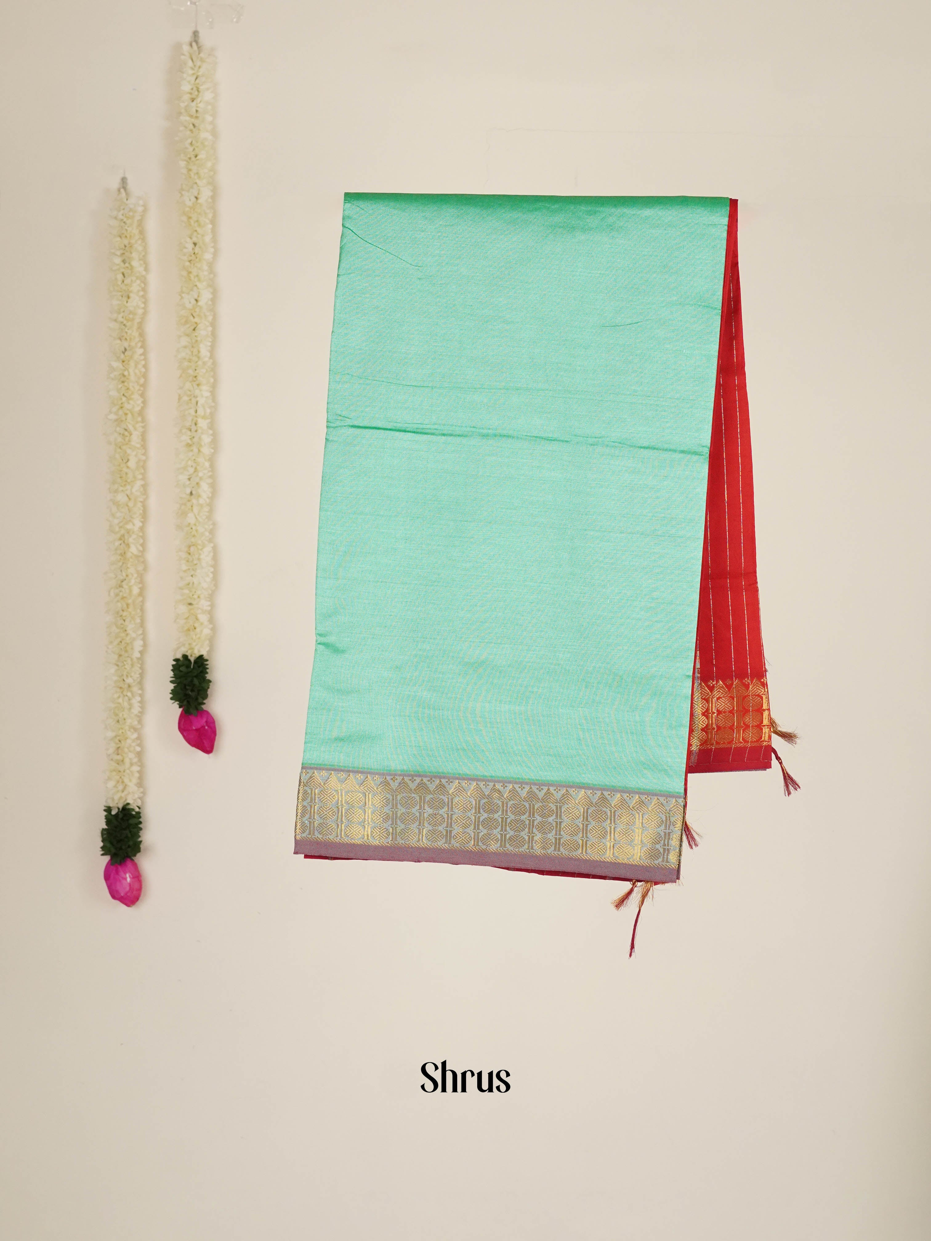 Teal Green& Red - Silk Cotton-halfpure Saree - Shop on ShrusEternity.com