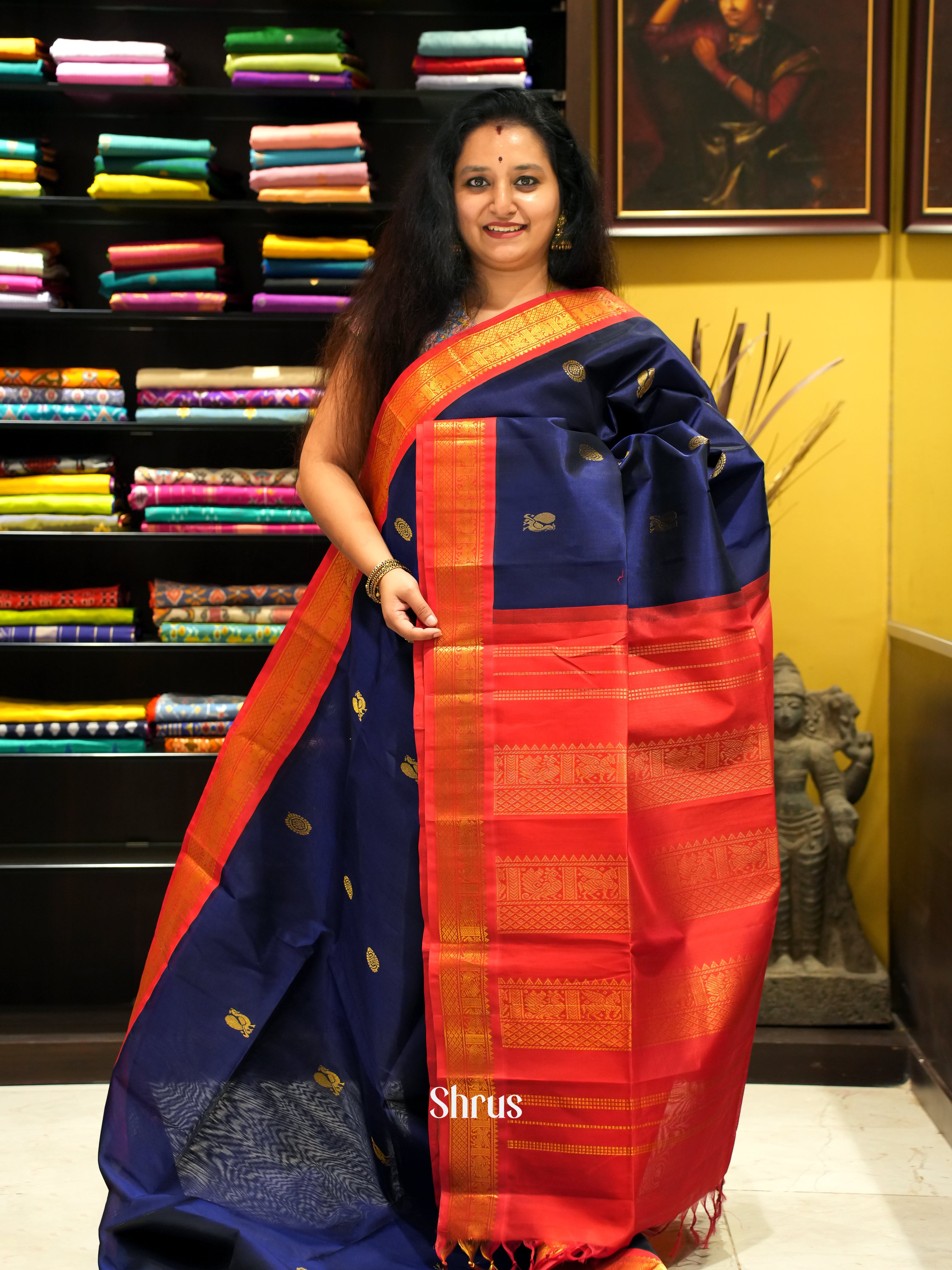 Blue & Red - Silk Cotton Saree - Shop on ShrusEternity.com