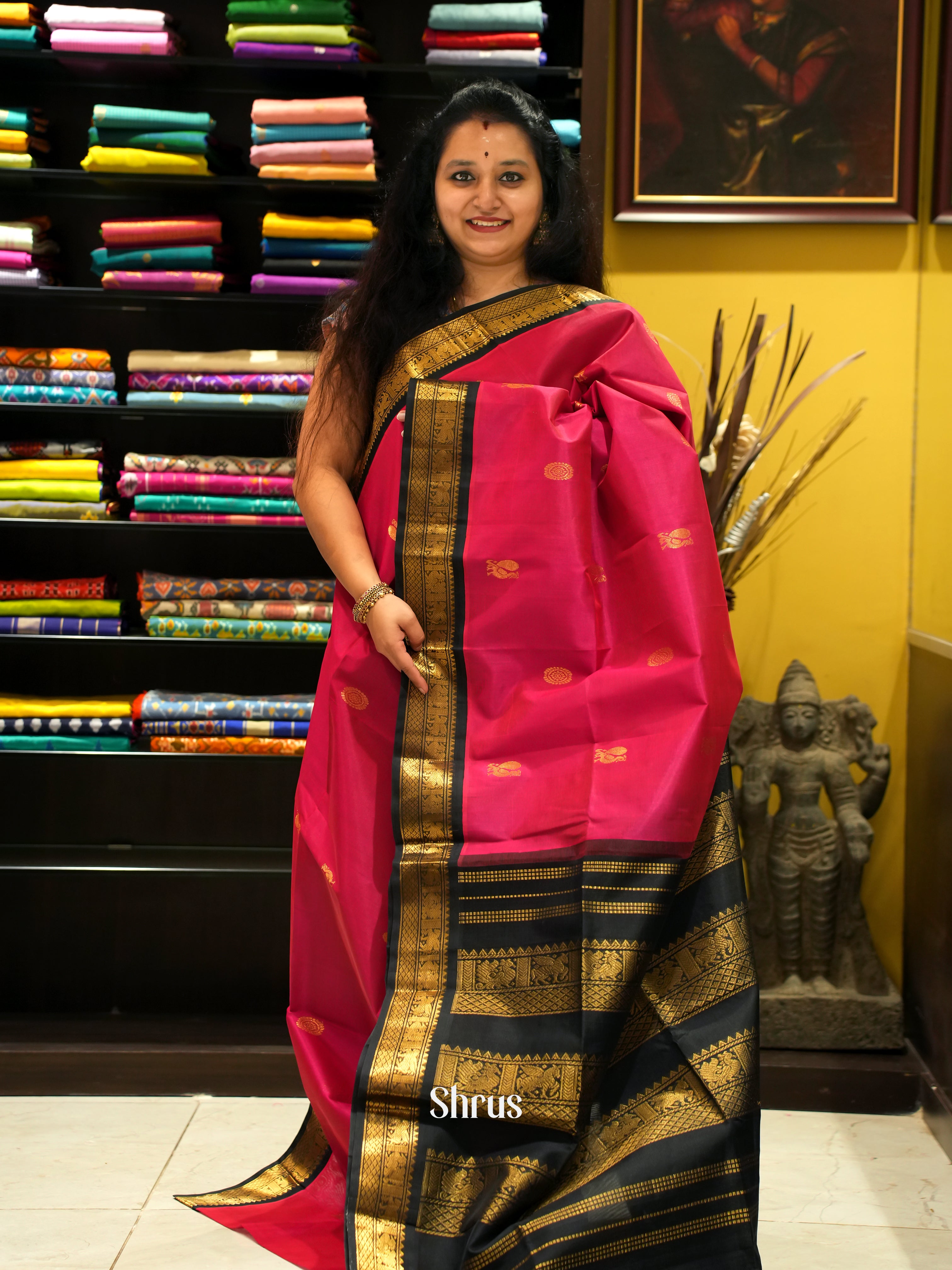 Pink & Black - Silk Cotton Saree - Shop on ShrusEternity.com