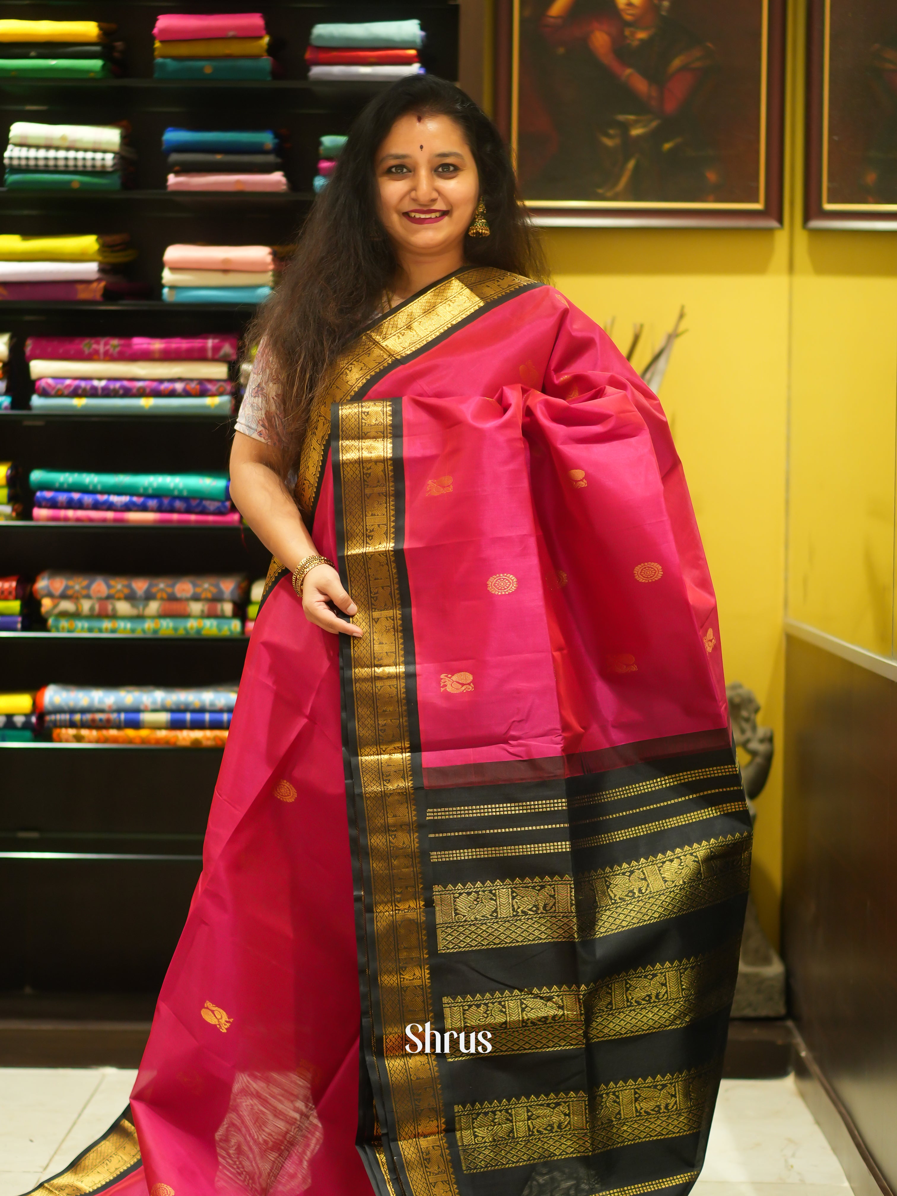 Pink & Black - Silk Cotton Saree - Shop on ShrusEternity.com