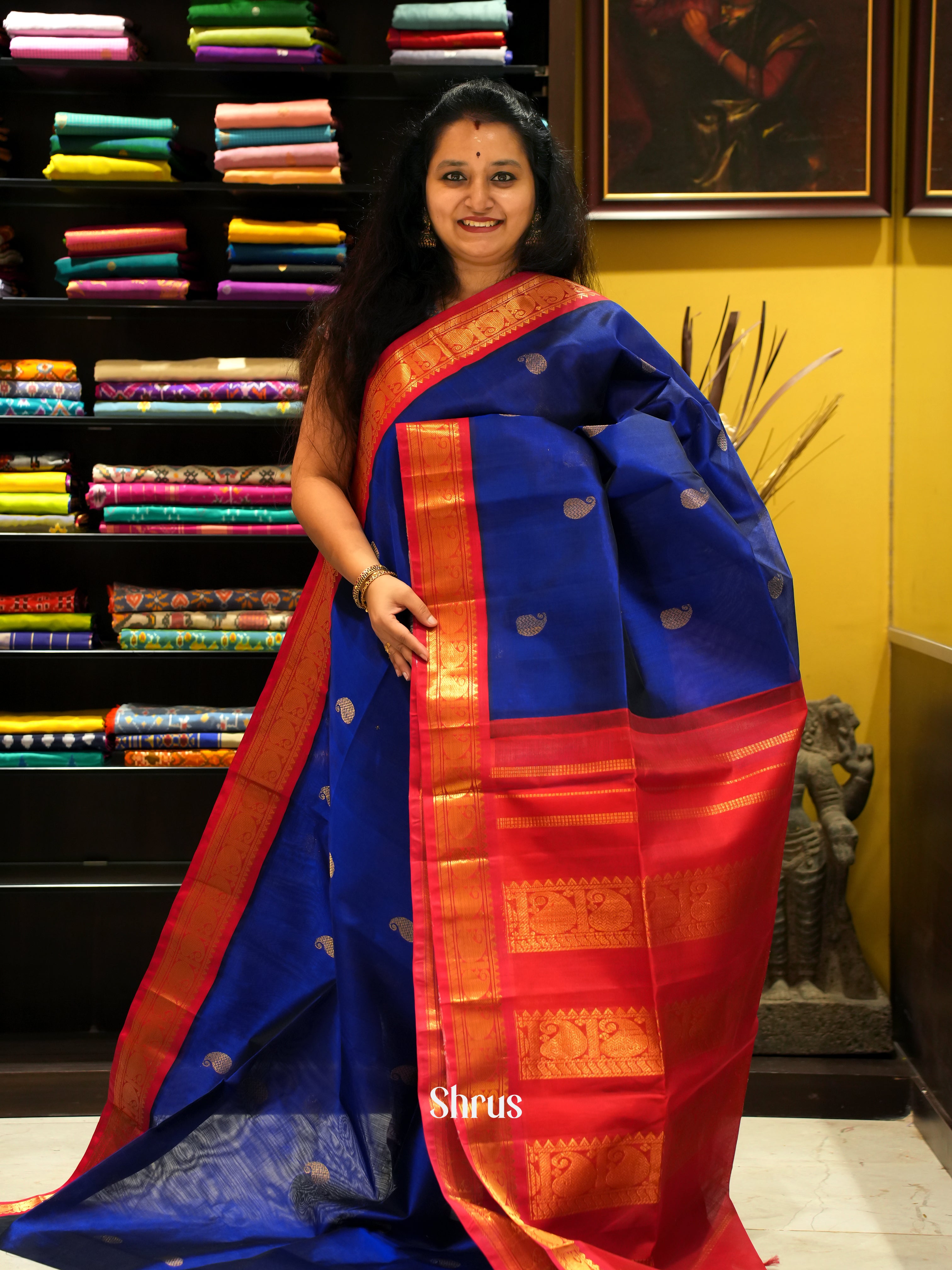 Blue & Red - Silk Cotton Saree - Shop on ShrusEternity.com