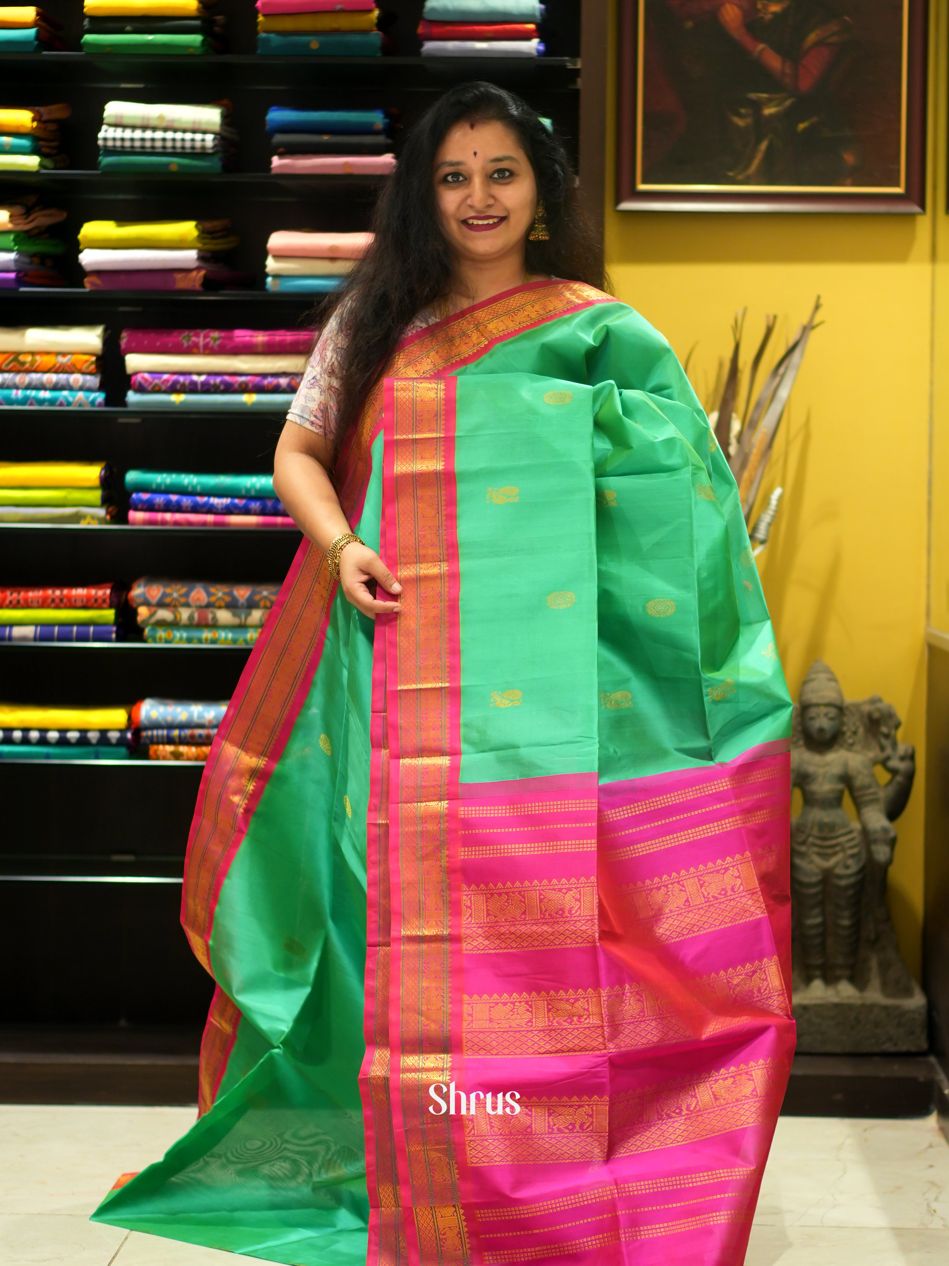 Green & Pink - Silk Cotton Saree - Shop on ShrusEternity.com