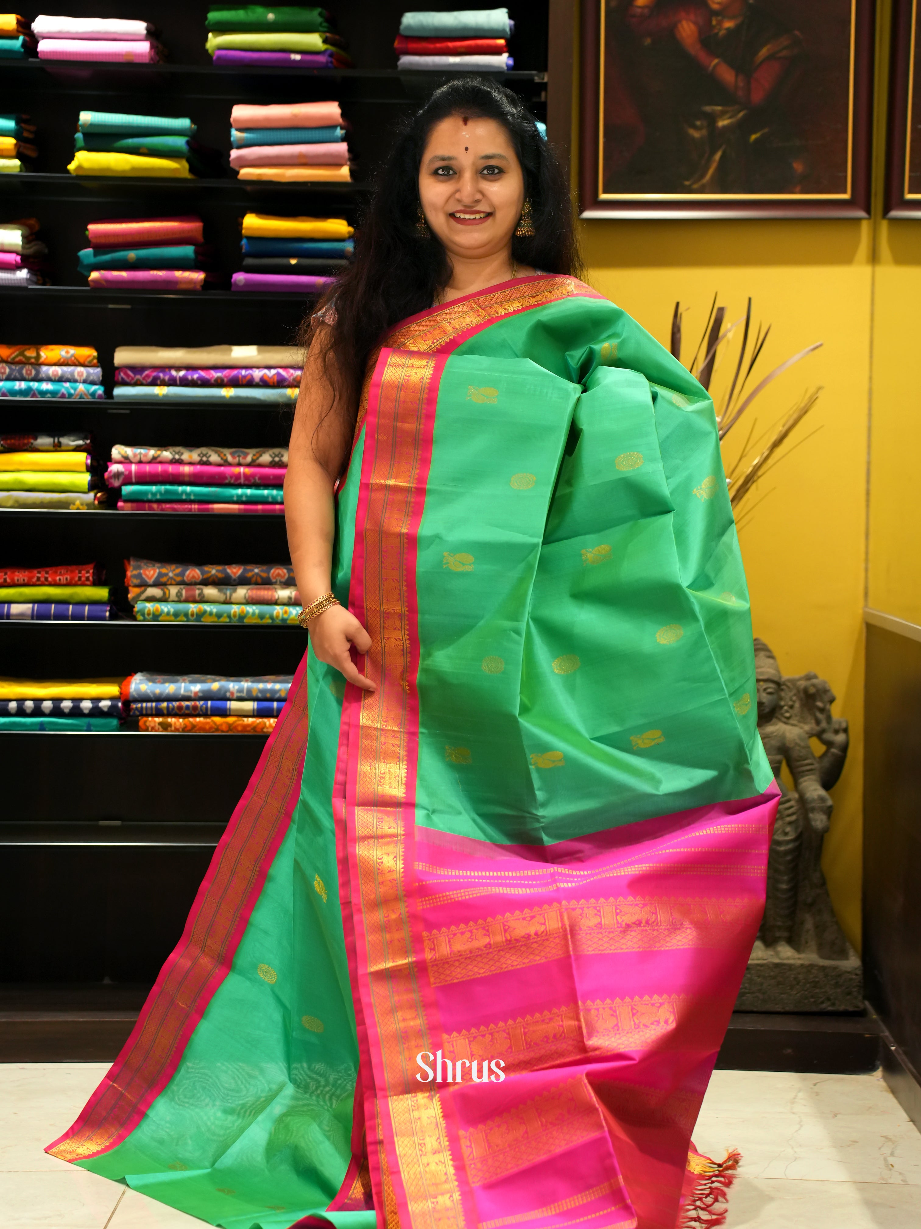 Green & Pink - Silk Cotton Saree - Shop on ShrusEternity.com