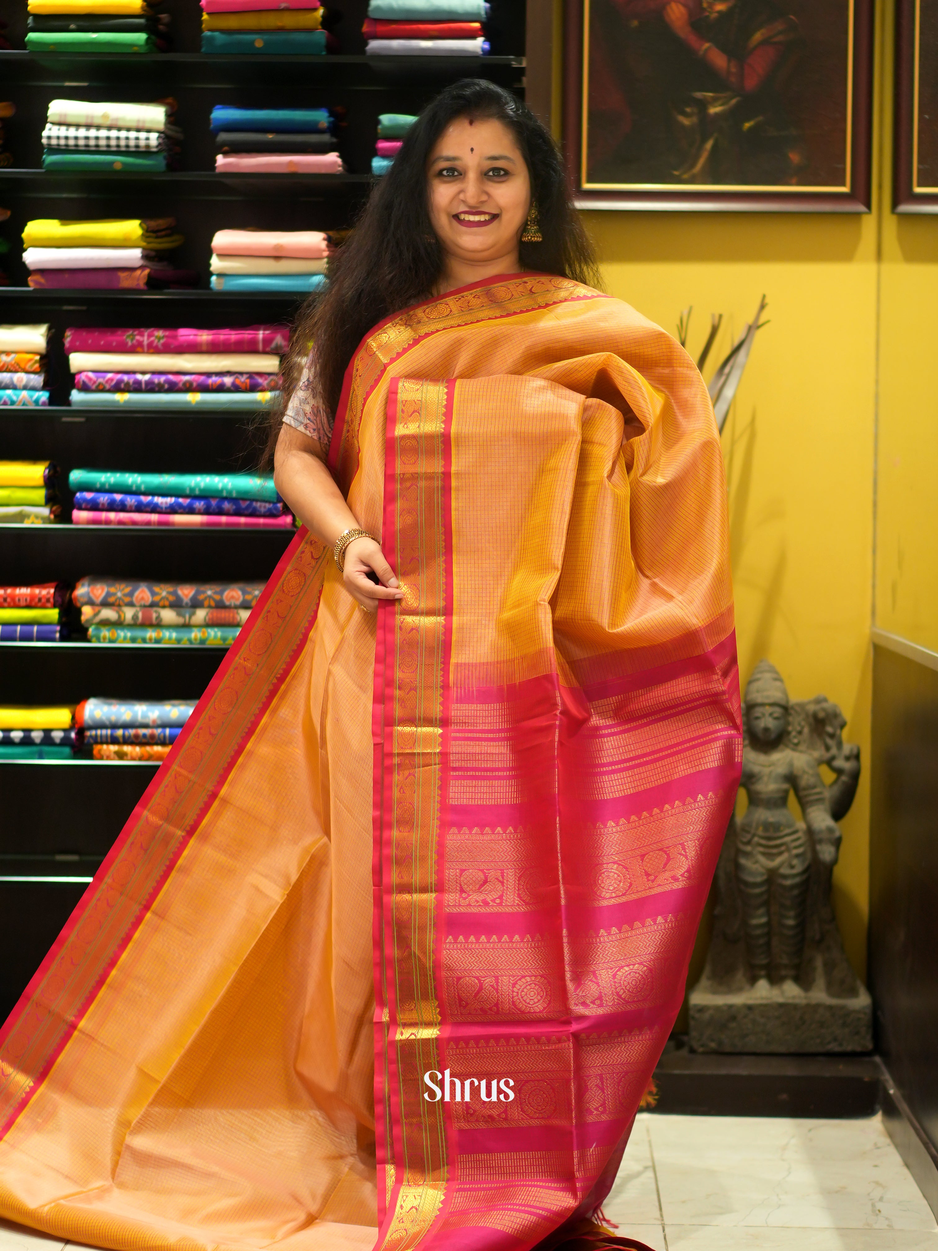 Mustard & Reddish Pink - Silk Cotton Saree - Shop on ShrusEternity.com