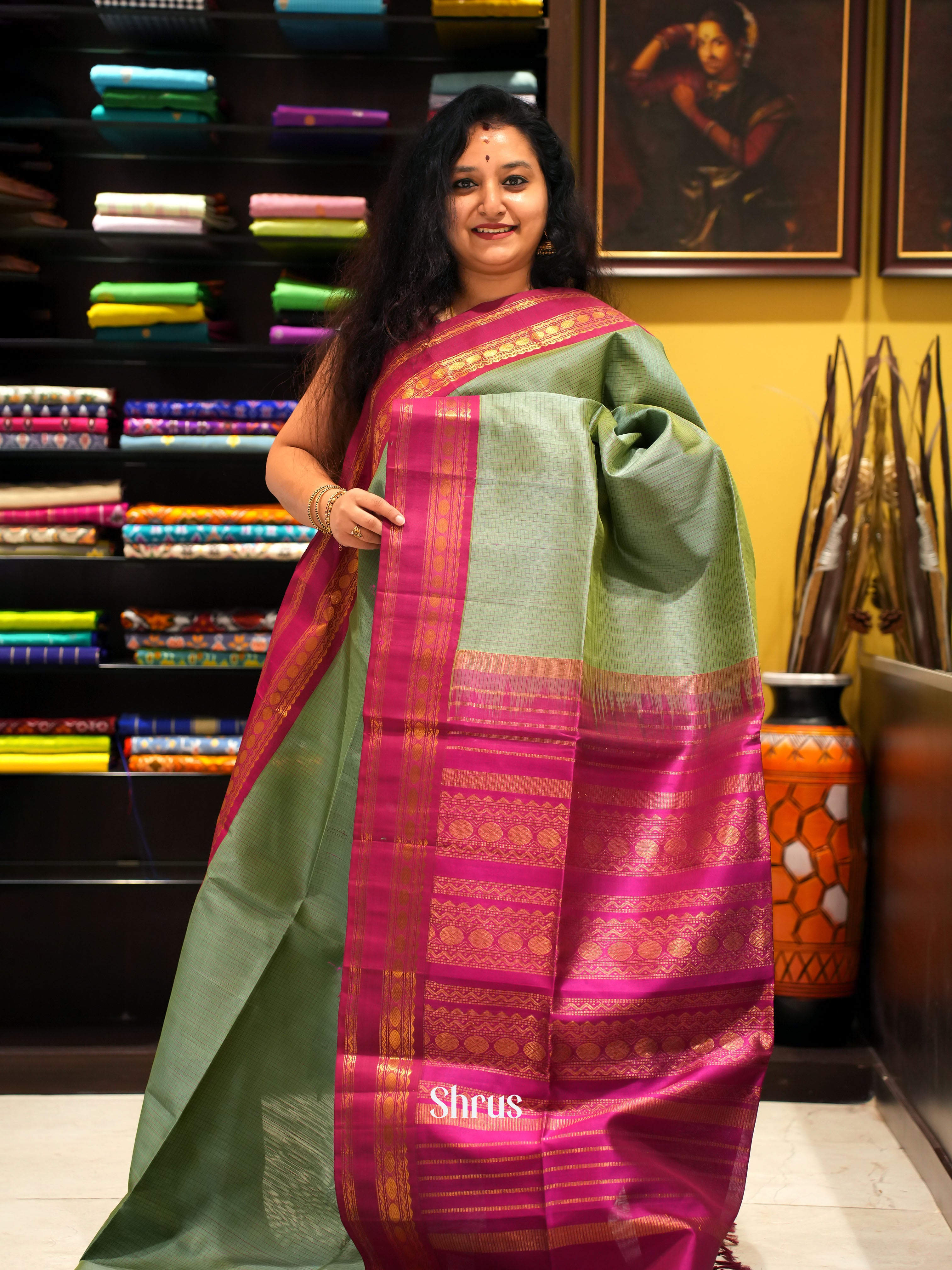 Green & Maroon -Silk Cotton Saree - Shop on ShrusEternity.com