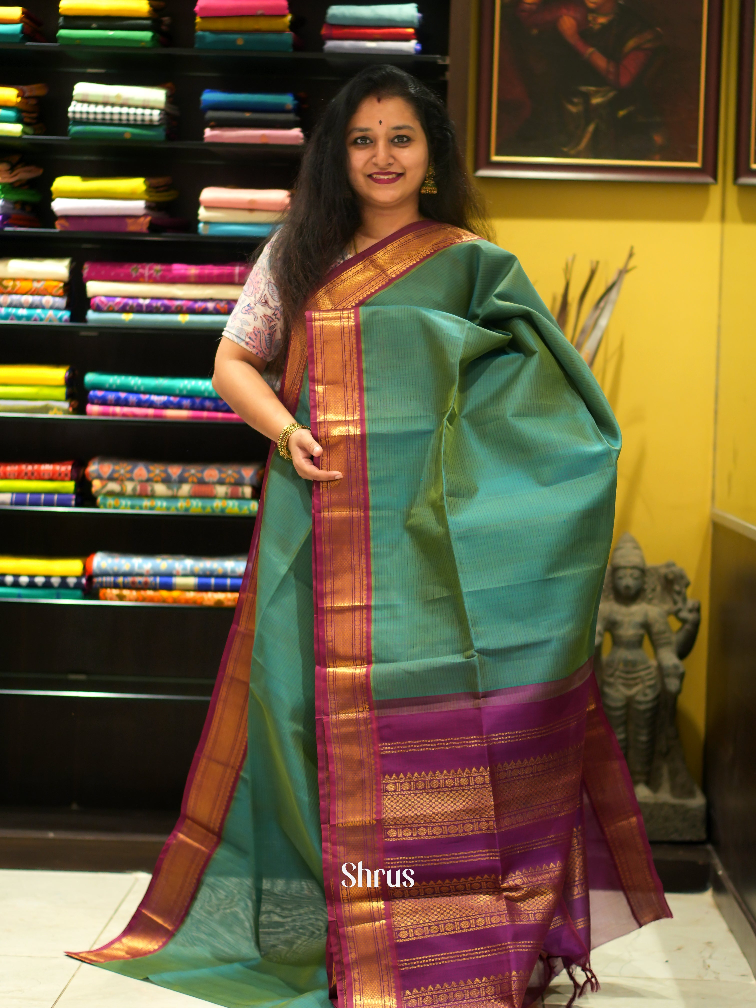 Green & Maroon - Silk Cotton Saree - Shop on ShrusEternity.com