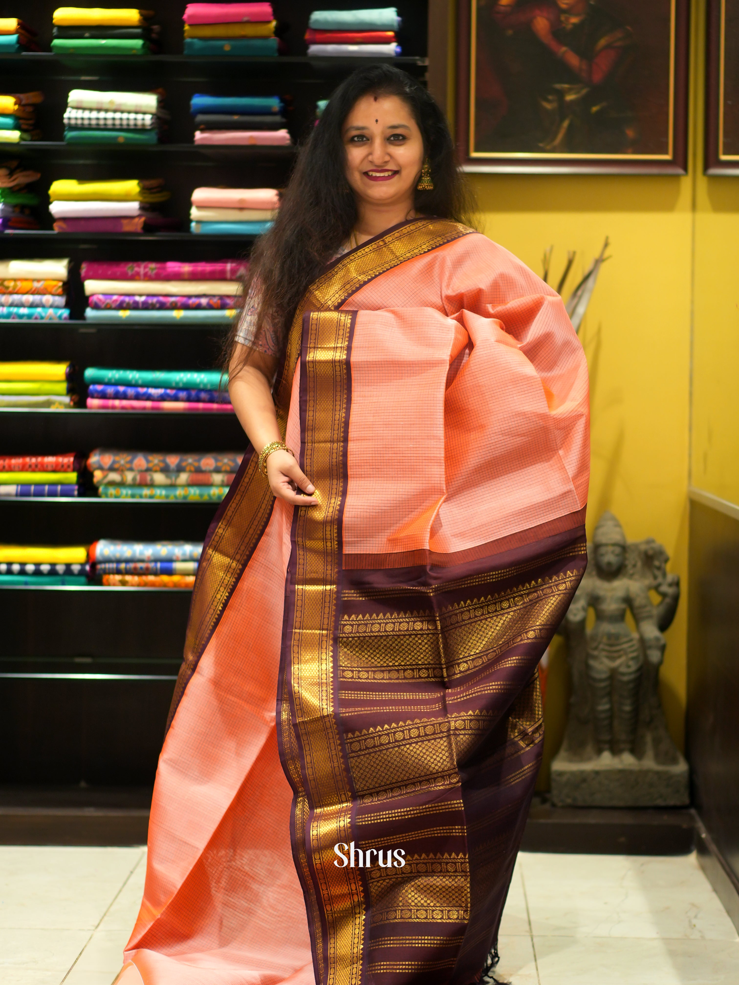Peach & Brown - Silk Cotton Saree - Shop on ShrusEternity.com
