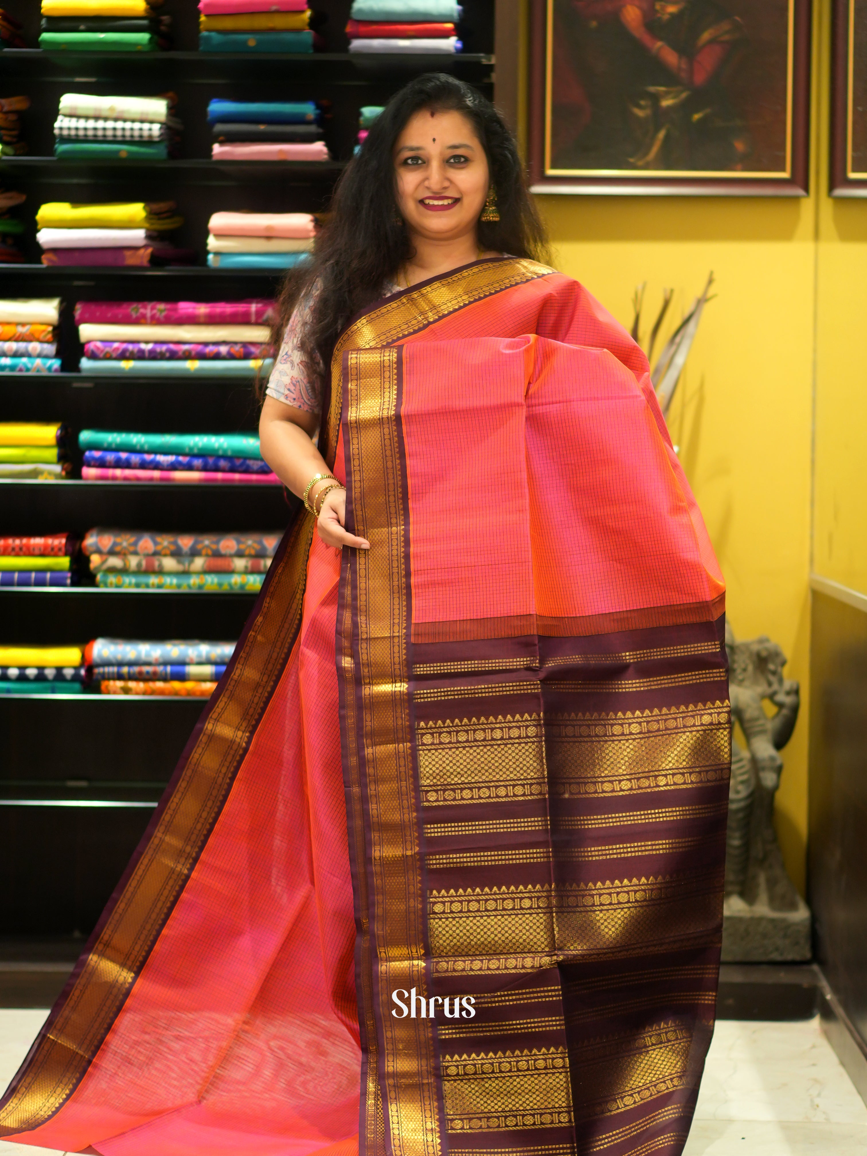Pink & Brown - Silk Cotton Saree - Shop on ShrusEternity.com
