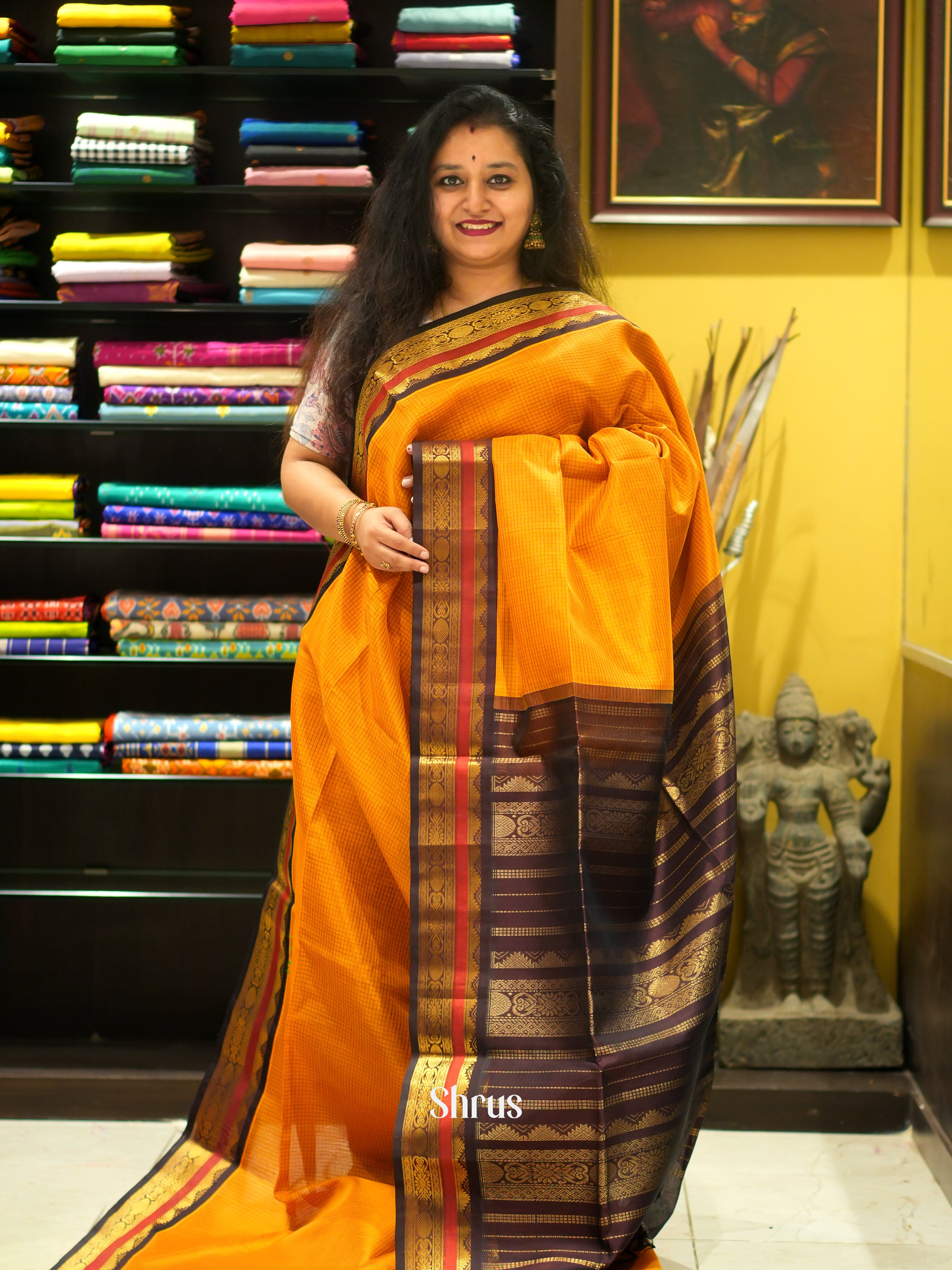Yellow & Brown - Silk Cotton Saree - Shop on ShrusEternity.com