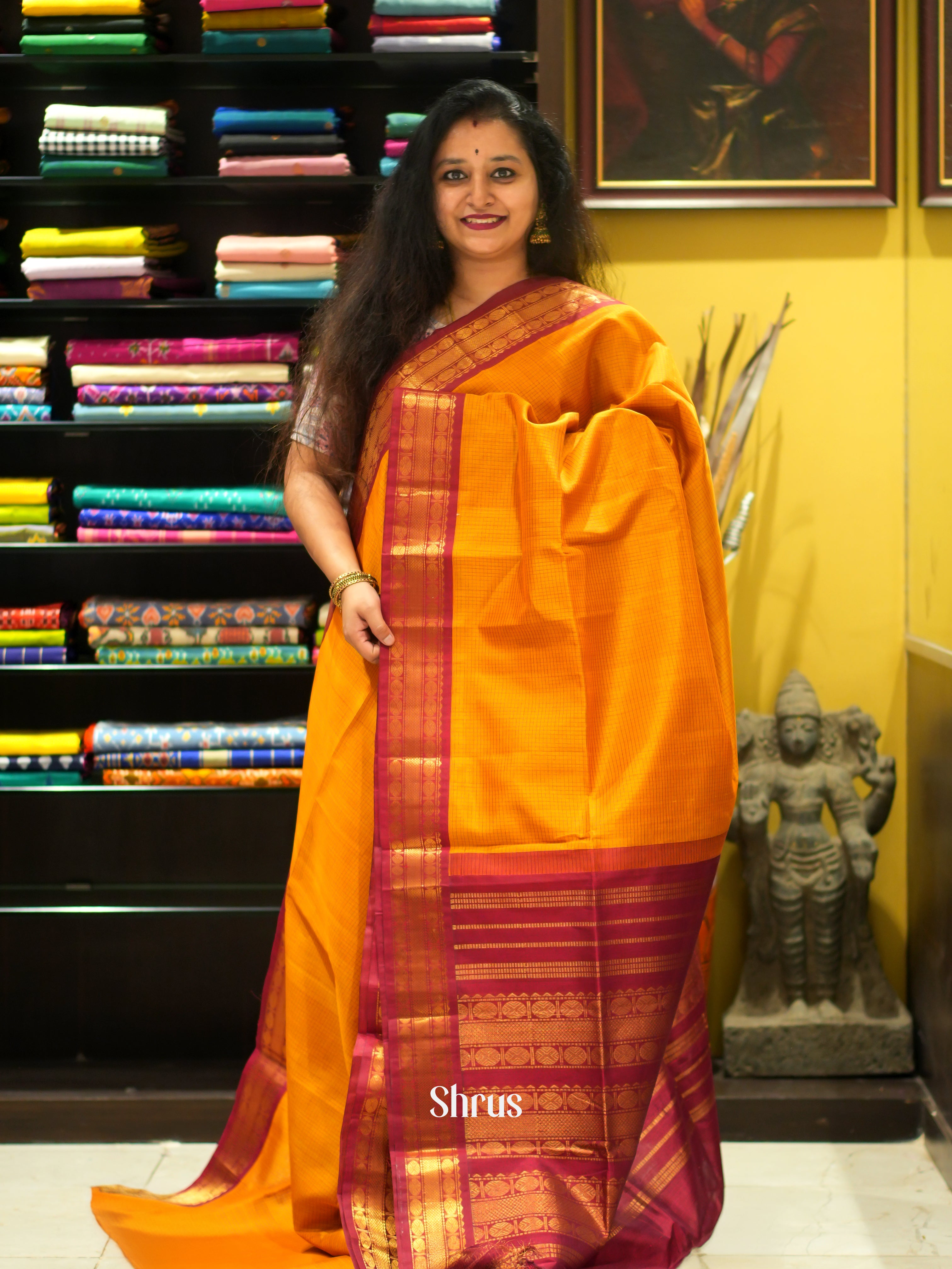 Yellow & Maroon - Silk Cotton Saree - Shop on ShrusEternity.com
