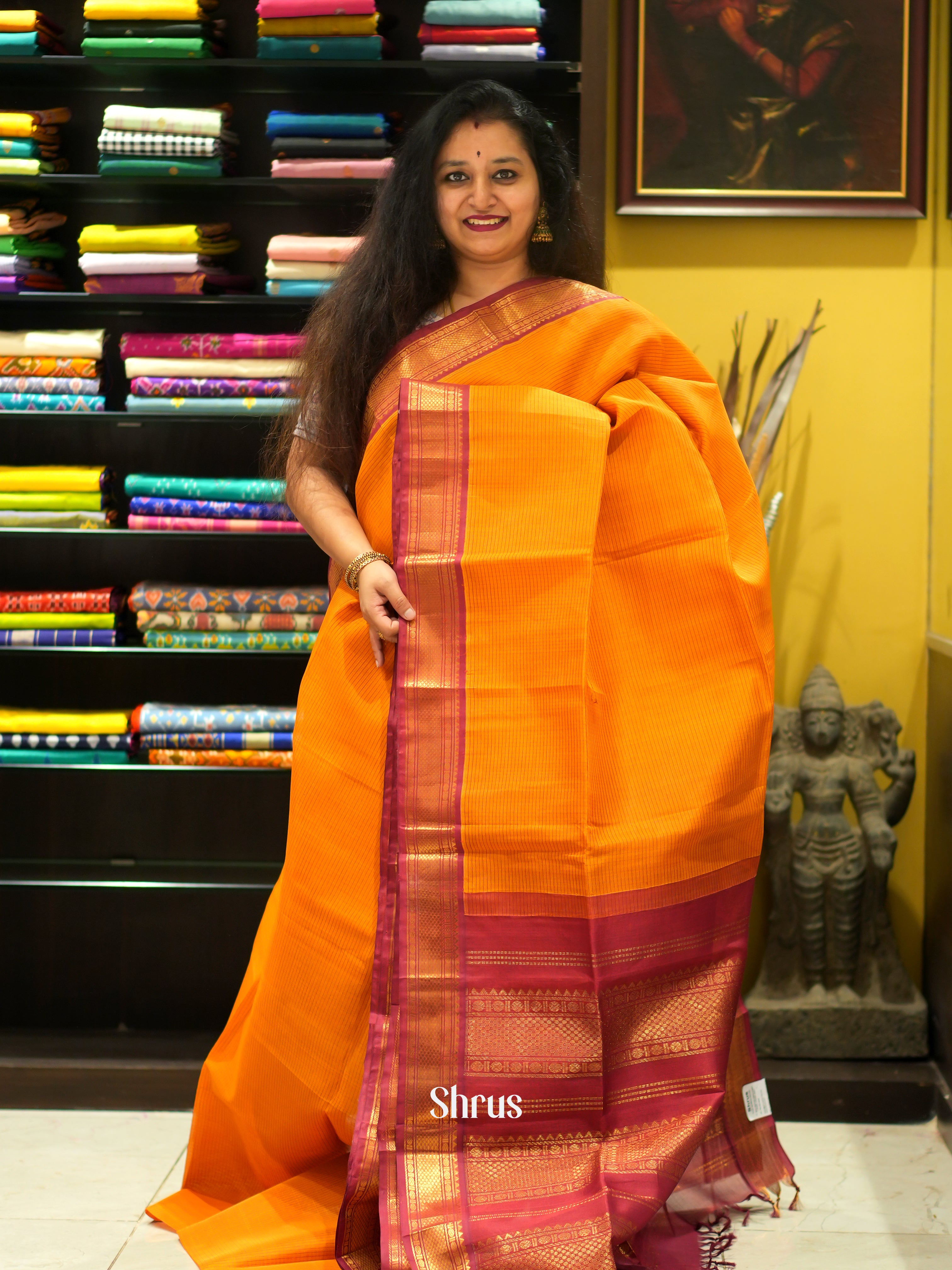 Yellow & Maroon - Silk Cotton Saree - Shop on ShrusEternity.com