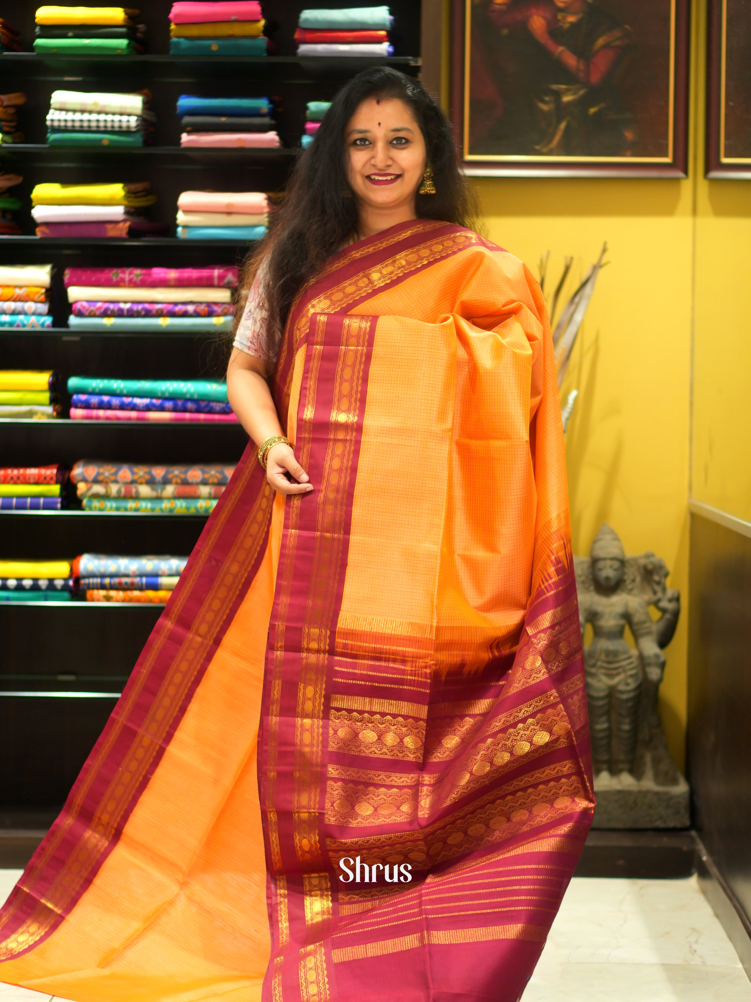 Mustard & Maroon - Silk Cotton Saree - Shop on ShrusEternity.com