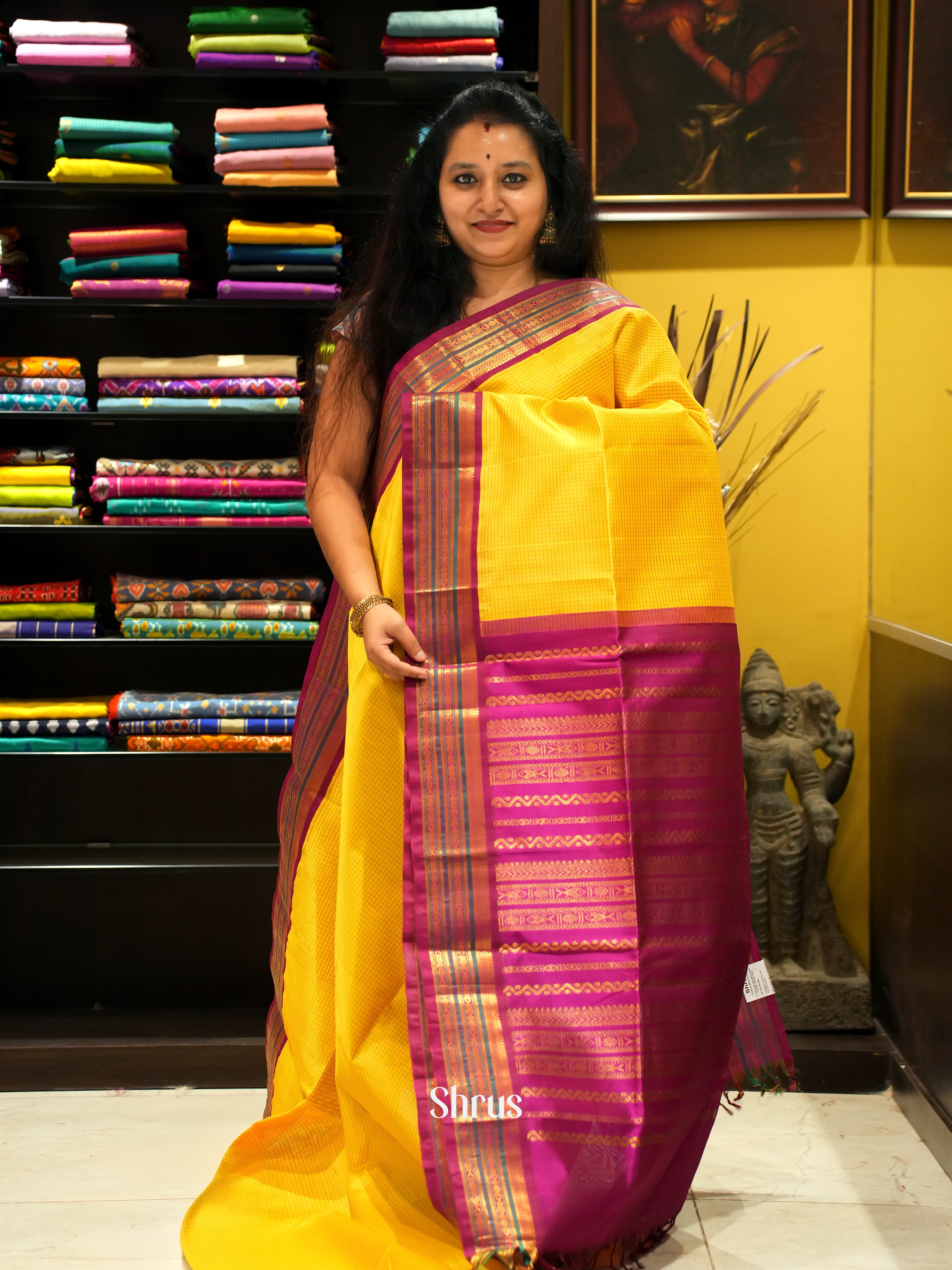 Yellow & Maroon - Silk Cotton Saree - Shop on ShrusEternity.com