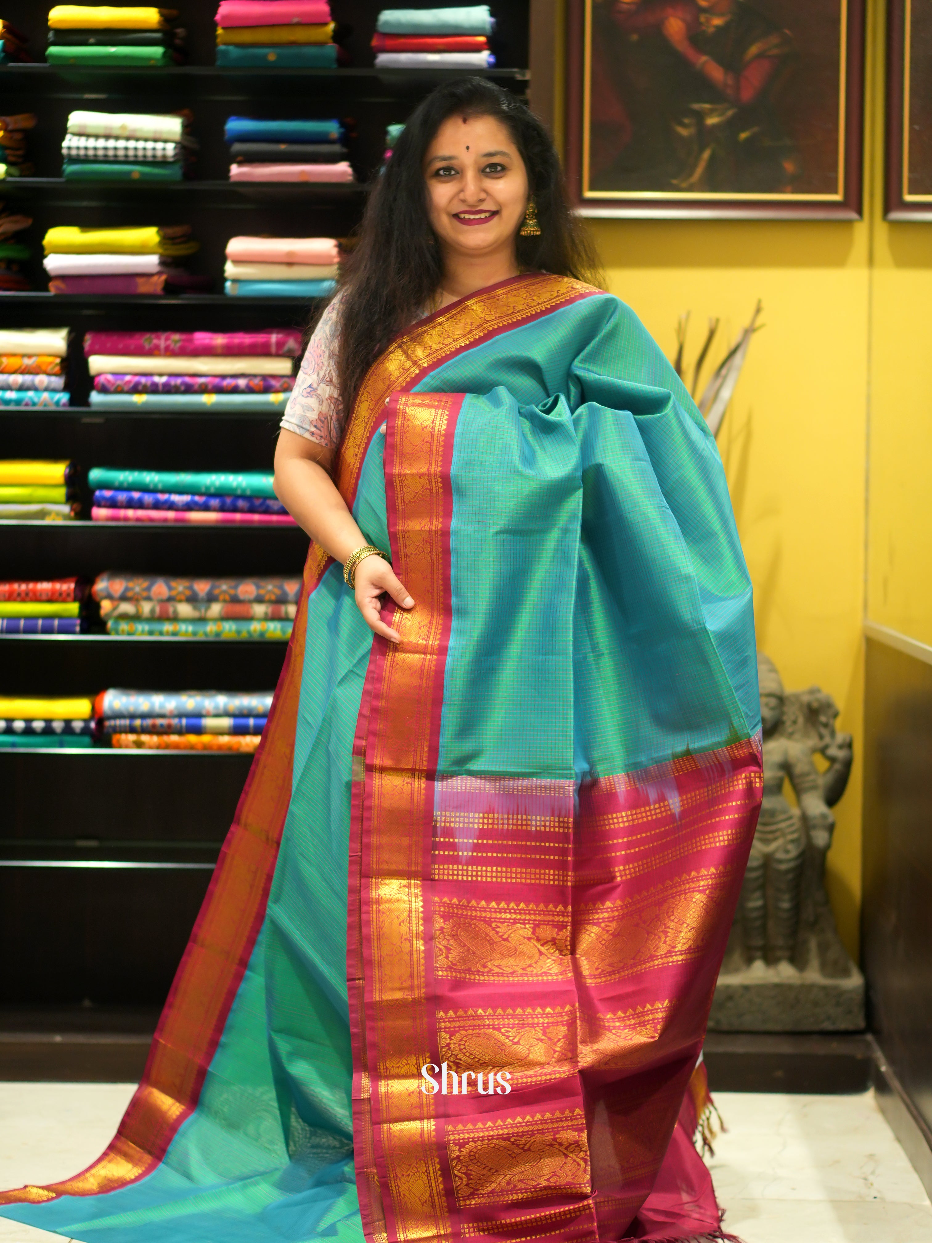 Teal Blue & Maroon- Silk Cotton Saree - Shop on ShrusEternity.com