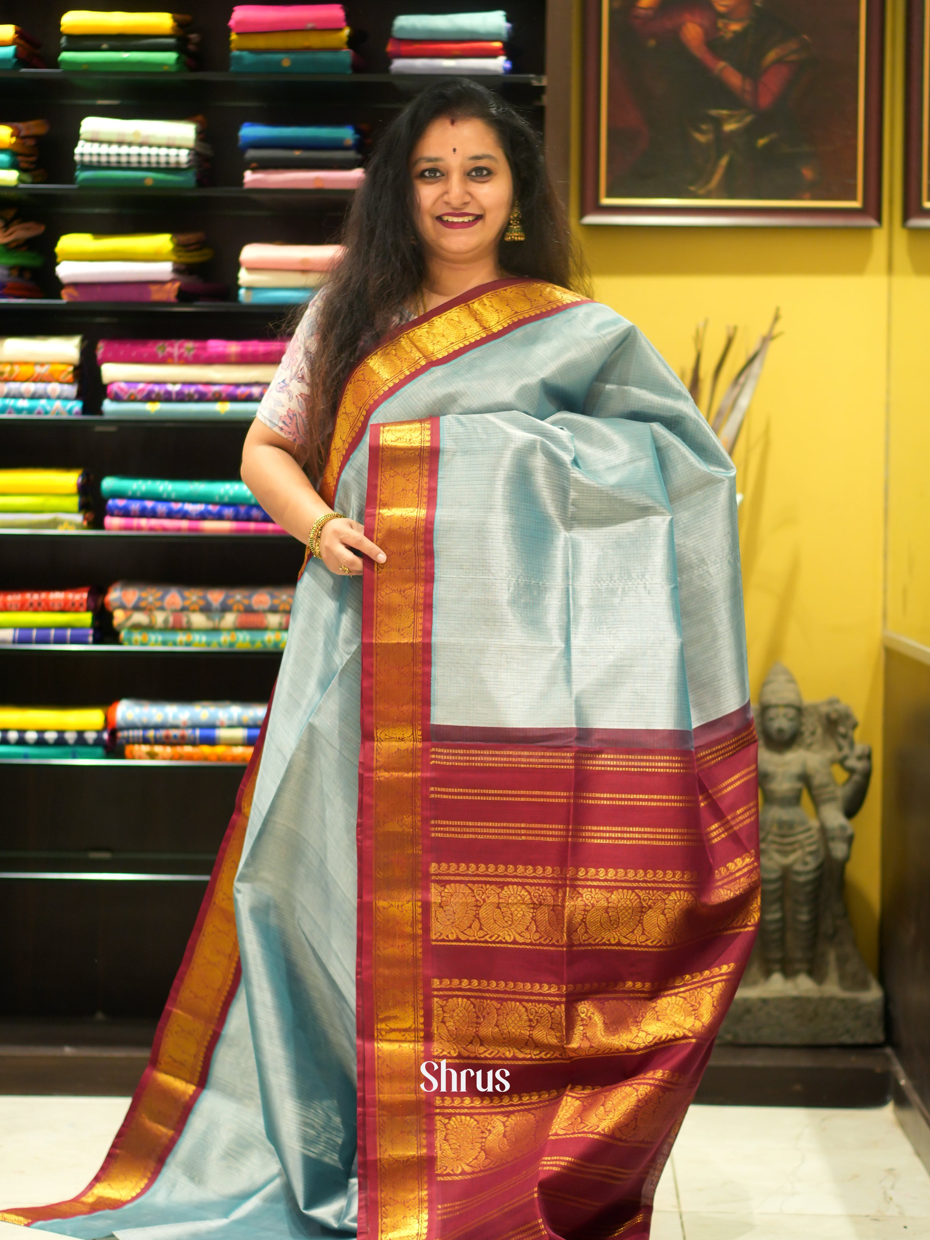 Greyish Blue & Maroon - Silk Cotton Saree - Shop on ShrusEternity.com